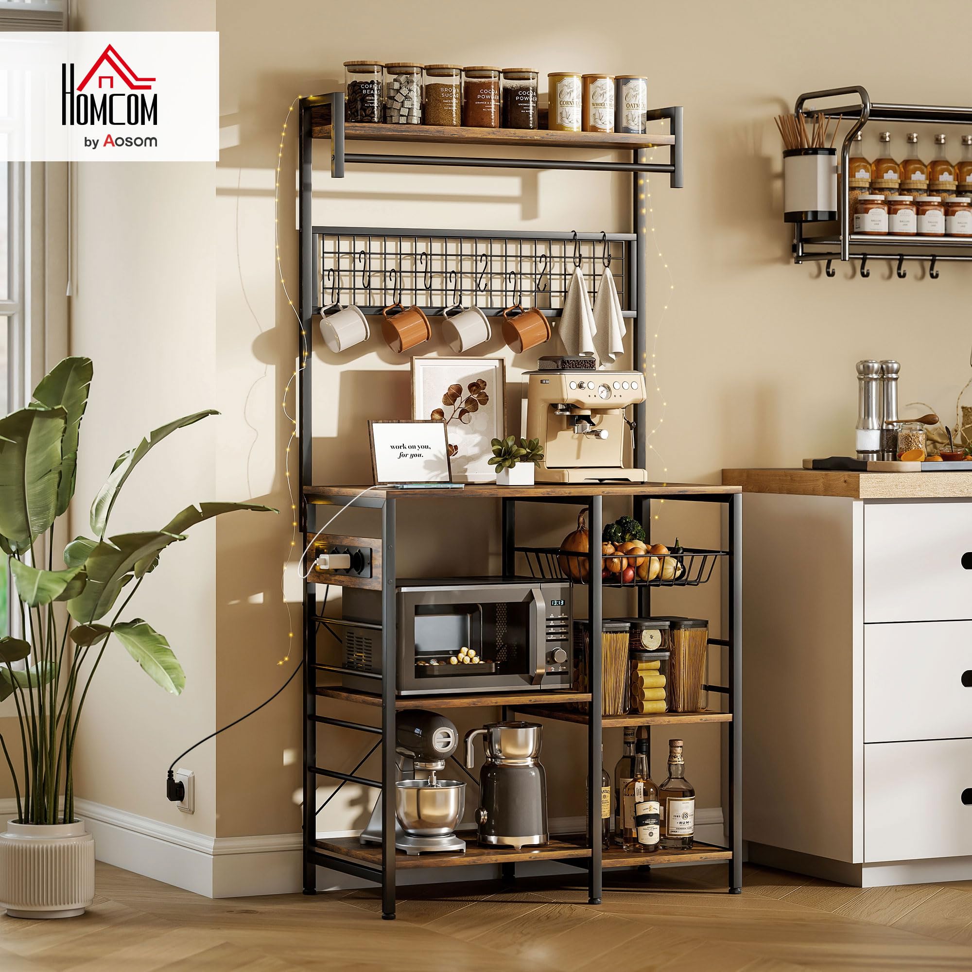 HOMCOM Estantería de Cocina con Tres Enchufes y Luces LED, Estantería de Panadería Industrial con Estantes para Microondas, Cesta de Malla Metálica, 10 Ganchos, Barra 80x42x162 cm, Marrón Rústico