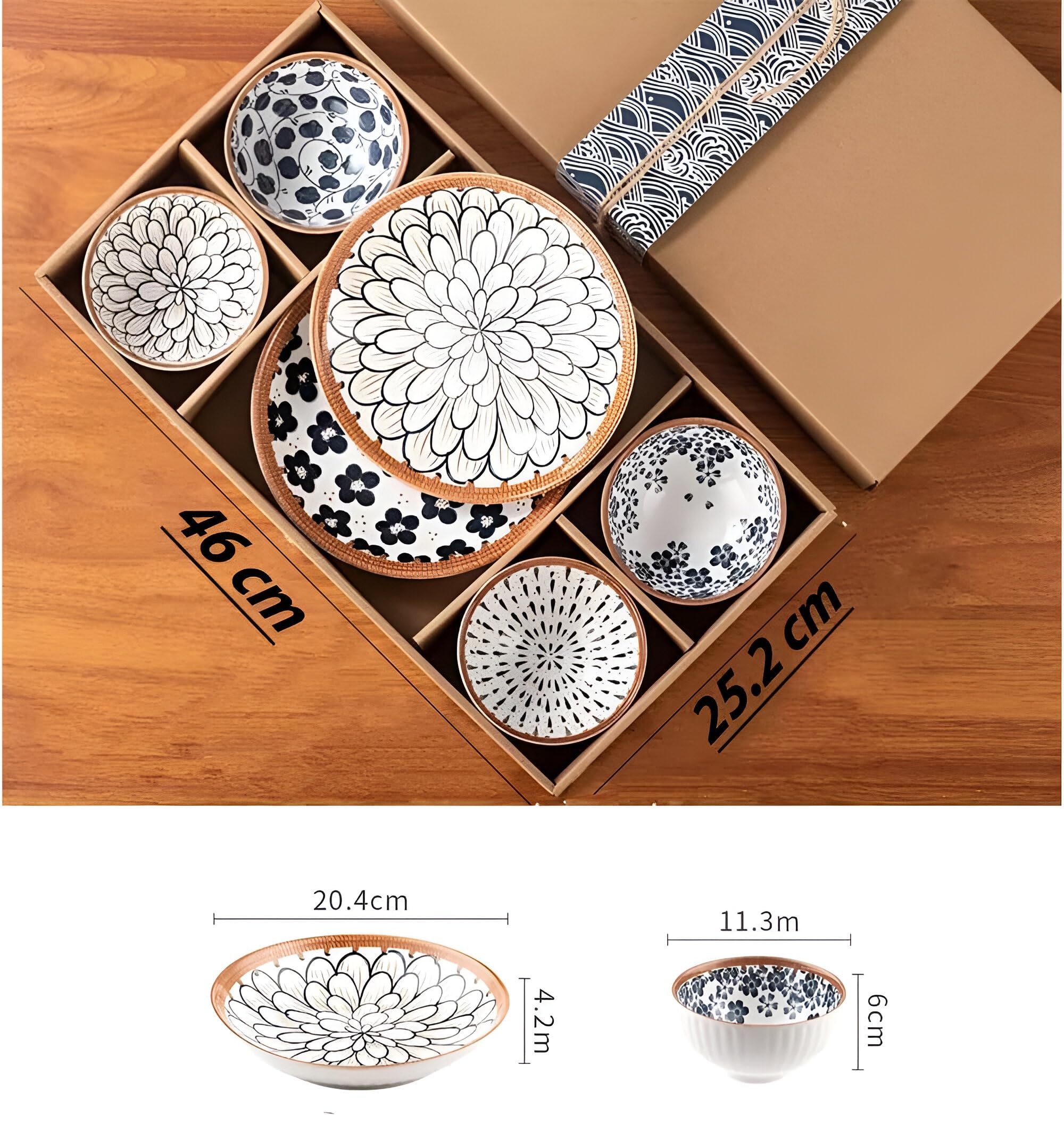 Amillee Ceramic Rice Bowls 10oz - Japanese Style Bowl Gift Set with Assorted Flower Patterns, for Cereal, Soup, Dessert, Snack, Noodles - Ice Cream Bowls with Gift Box (Bowl_I_4B+2P) 1