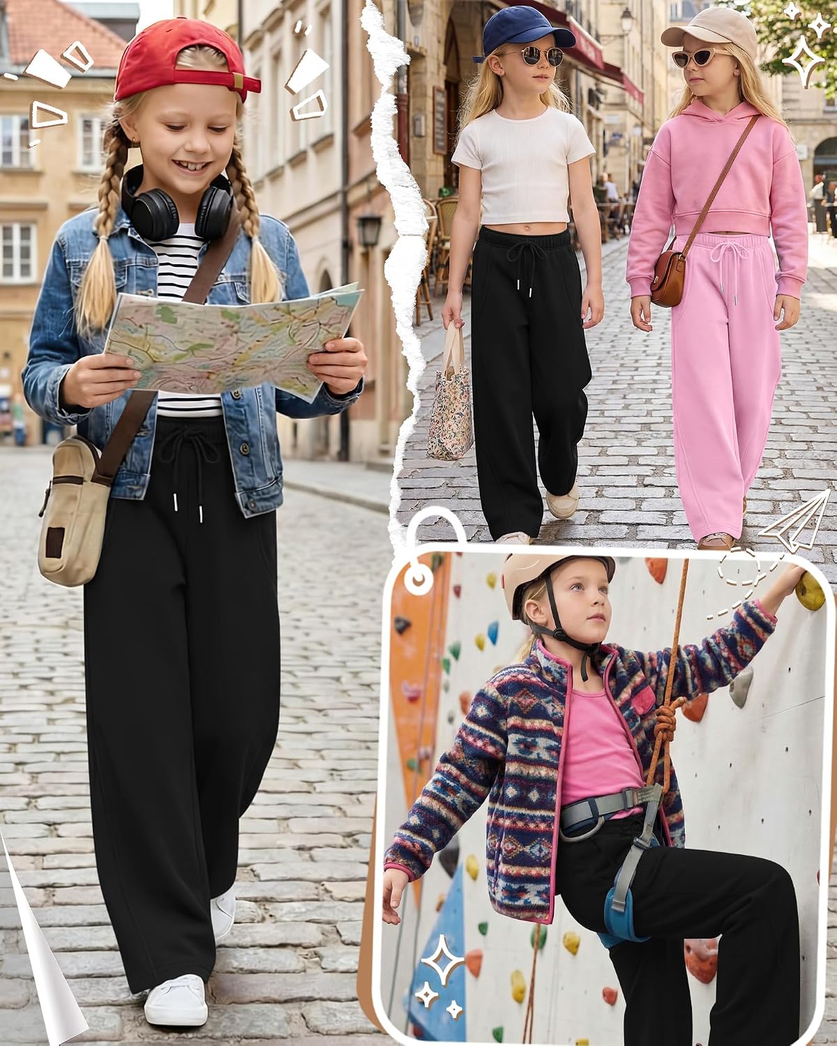 Girls Sweatpants Kids Wide Leg Baggy Athletic Sweat Pants Youth Drawstring Elastic Waist Casual Joggers with Pocket