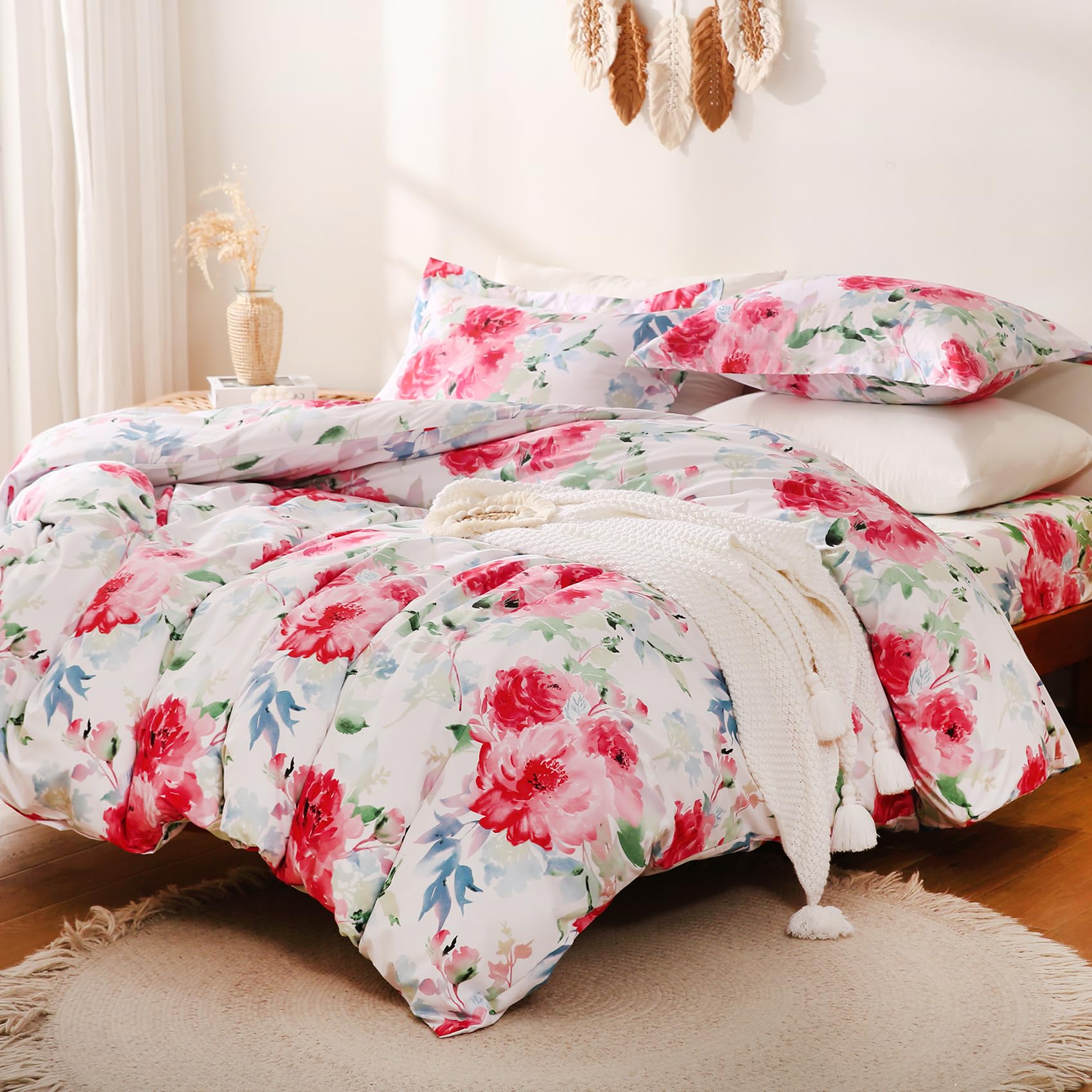 JSD Rose Floral Duvet Cover Set Queen Size, 3 Piece Soft Printed Microfiber Comforter Covers Zipper ClosureOEKO-TEX STANDARD 100