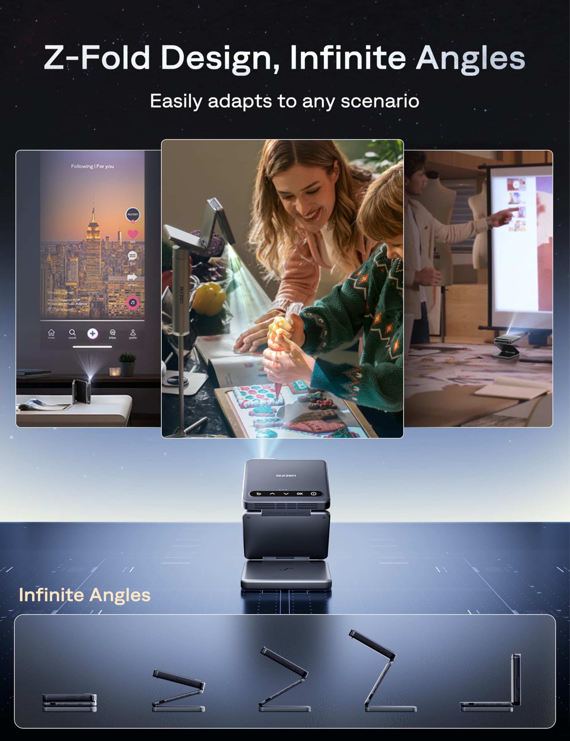 Aurzen Zip Tri-Fold Mini Beamer mit Akku, 4K Unterstützt Smart Beamer Klein Tragbarer Projektor Outdoor Heimkino Autofokus & Trapezkorrektur Portable Projector Bluetooth 5.4 für Handy/HDMI/USB (grau)