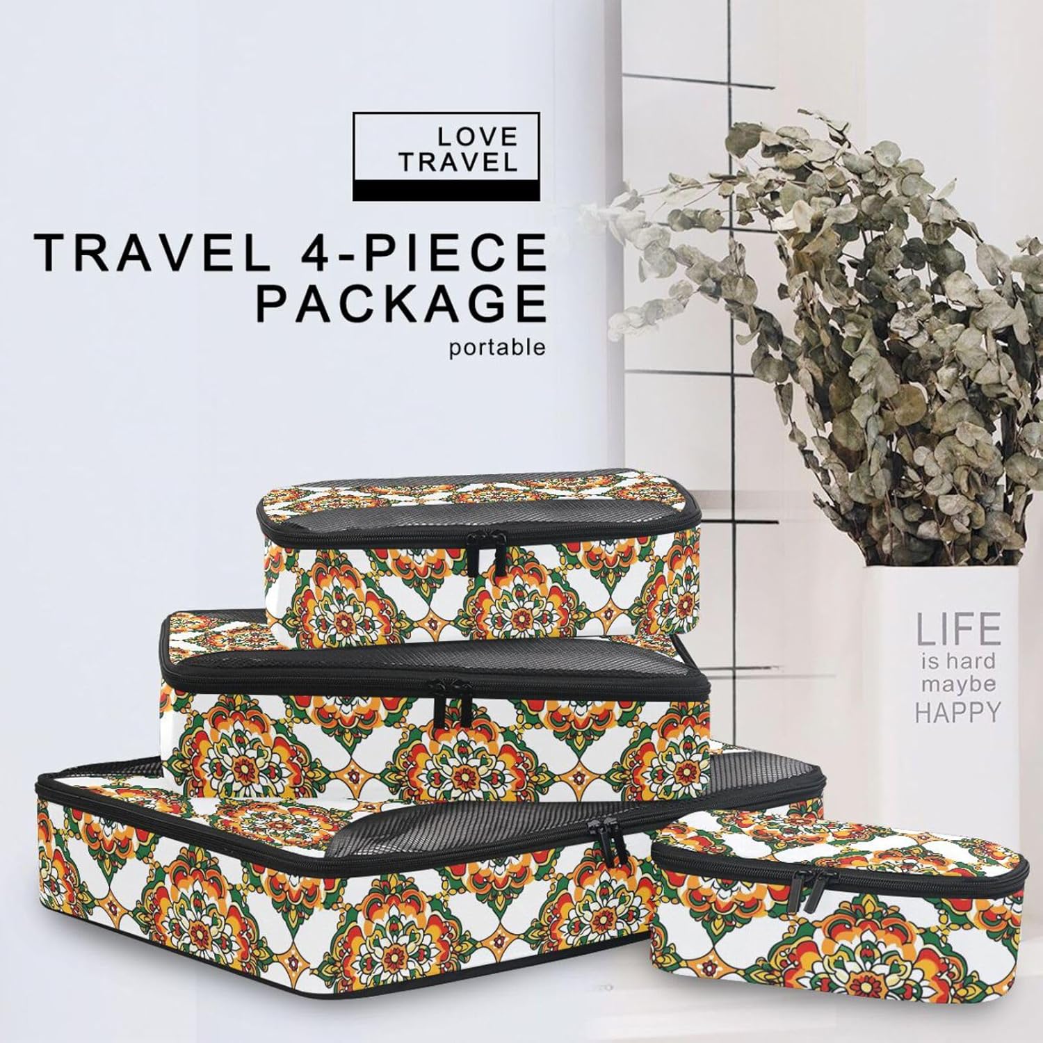 4 Pcs set suitcase organizer bags Mesh Travel Essentials Mandala Indian Inspired Pattern lightweight packing cubes set