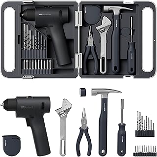HOTO 25PCS Household Tool Kit with 16V Brushless Drill, 3/8” Keyless Chuck, Smart Display, 50 N·m Torque, 32 Torque Settings, LED Light, Includes Hammer, Wrench, Pliers, 8 x Drill Bits, 10 x Bits