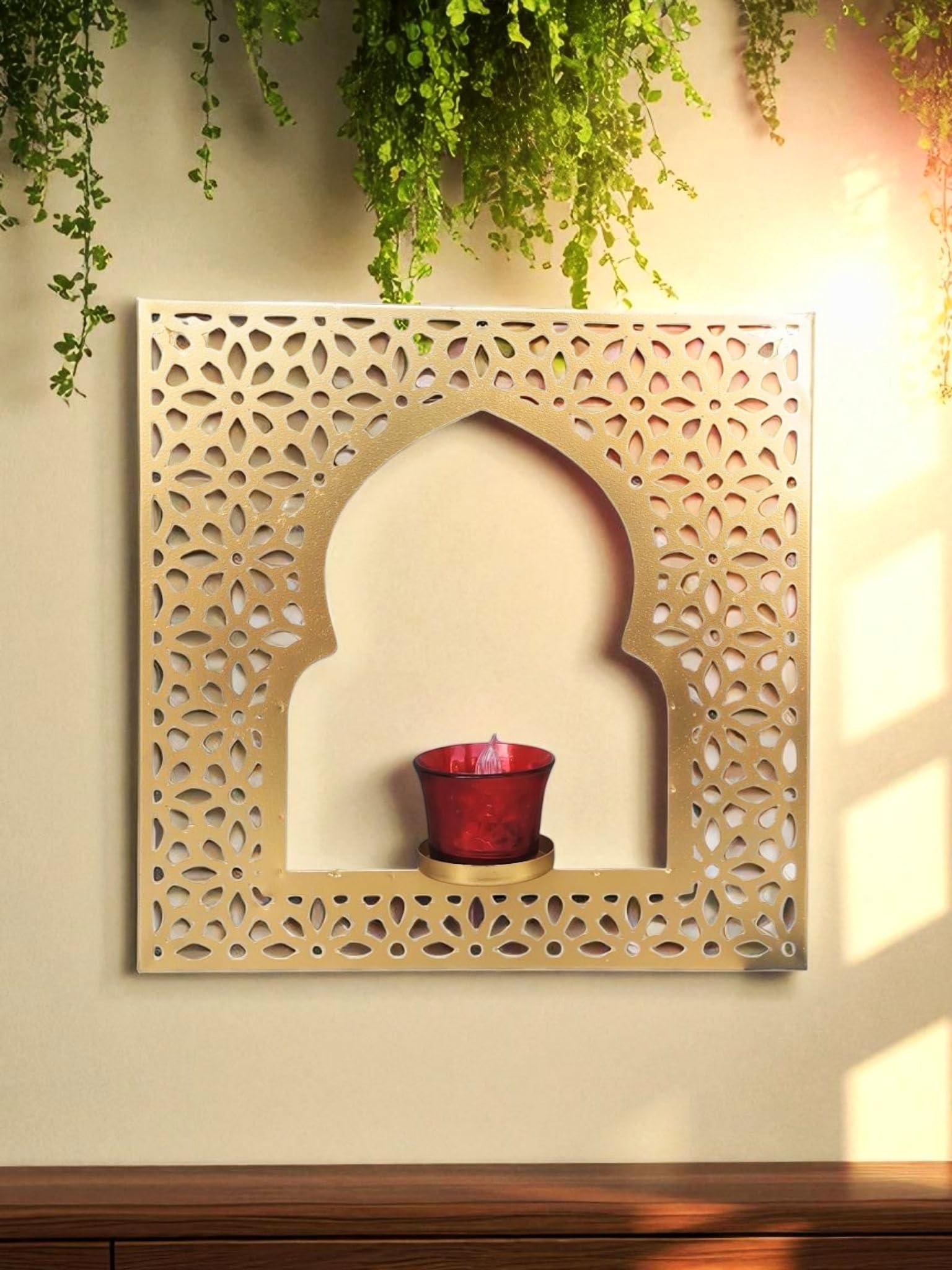 SHREE HARI HOME DECOR Square Tealight Candle Holder for Home Decor Wall T-Light Holder High Gloss Golden Jharokha Design Candle Holder Wall Hanging (Iron) Pack of -1-image-34