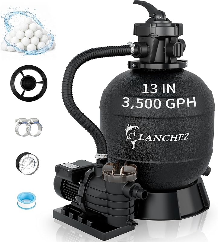 LANCHEZ Sand Filter Pump for Above Ground Pool, Pool Pumps Above Ground, Pool Sand Filter with 7-Way Valve, 13in(3,500GPH)