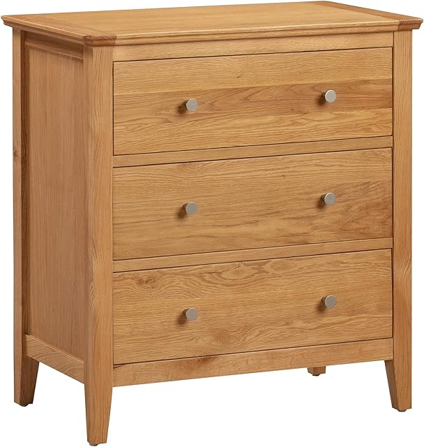 Hallowood Furniture Hereford Oak Chest of Drawers  Small 3 Drawers Chest in Light Oak Finish - Solid Wooden Small Bedroom Storage Unit 3 Chest of Drawers - Living Room & Hallway Furniture