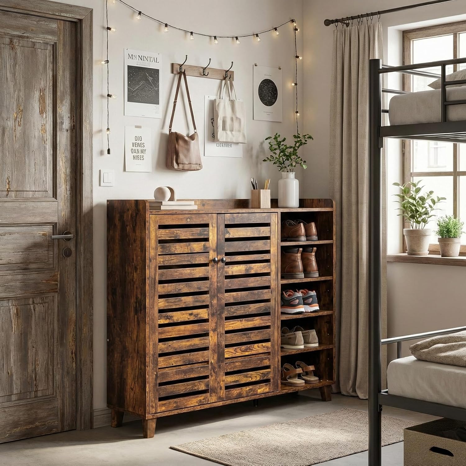 Karl home 5-Tier Shoe Storage Cabinet, Farmhouse Rack Organizer Cabinet with 5 Side Cabinets, Tabletop Baffle, Corrosion-Resistant Wood Finish, Hidden Storage for Entryway