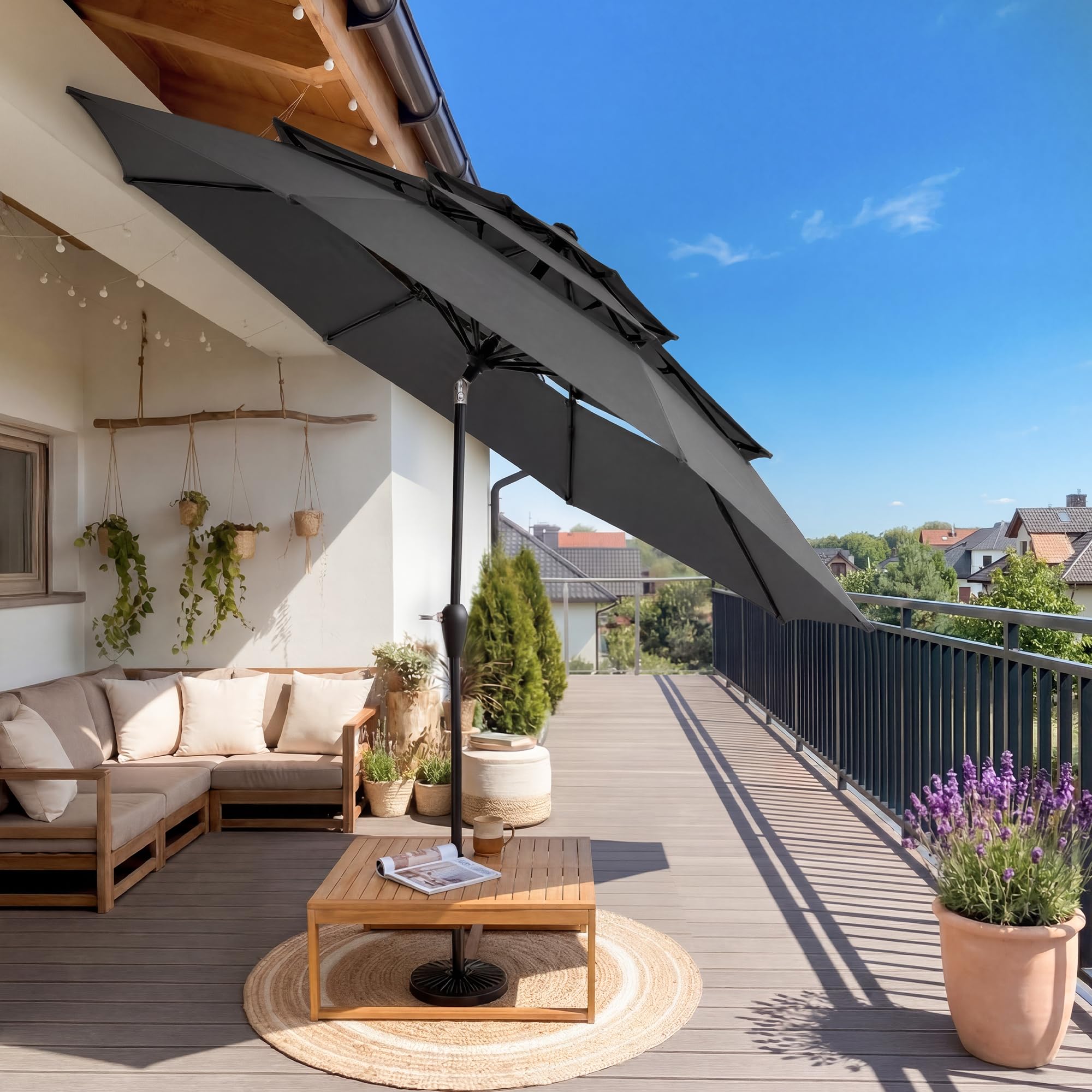 LUE BONA Sonnenschirm Ø300 cm,Sonnenschirm mit 3-Stufges Belüftetes Dach,Knickbar Marktschirm Windfest mit 8 Glasfaserstreben & Kurbel,UPF 50+ Terrassenschirm für 8 Personen,Anthrazit (Ohne Sockel)