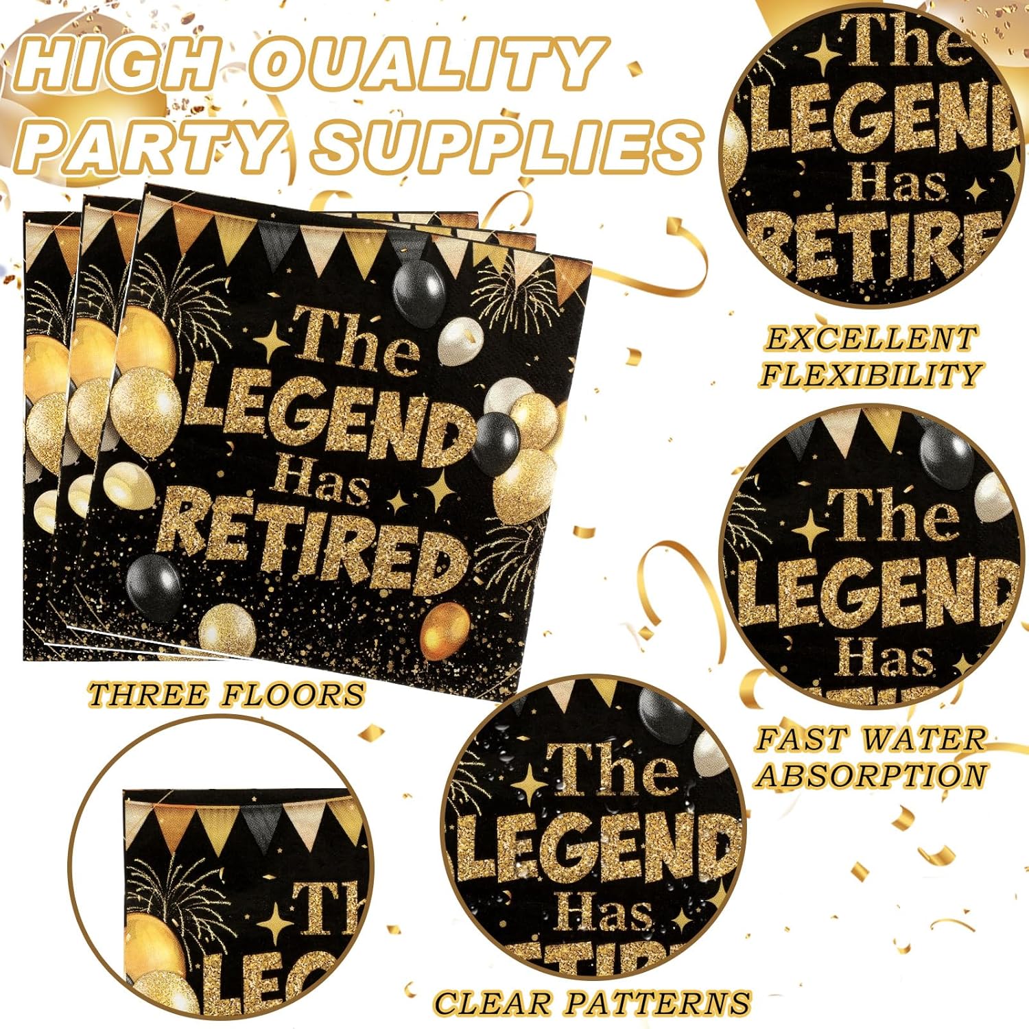 218 Pcs Retirement Party Decorations for Men Women the Legend Has Retired Decoration Disposable Tableware 7 Inch 9 Inch Happy Retirement Party Plates Napkin Knives Fork Spoon for 24 Guest(Black Gold)