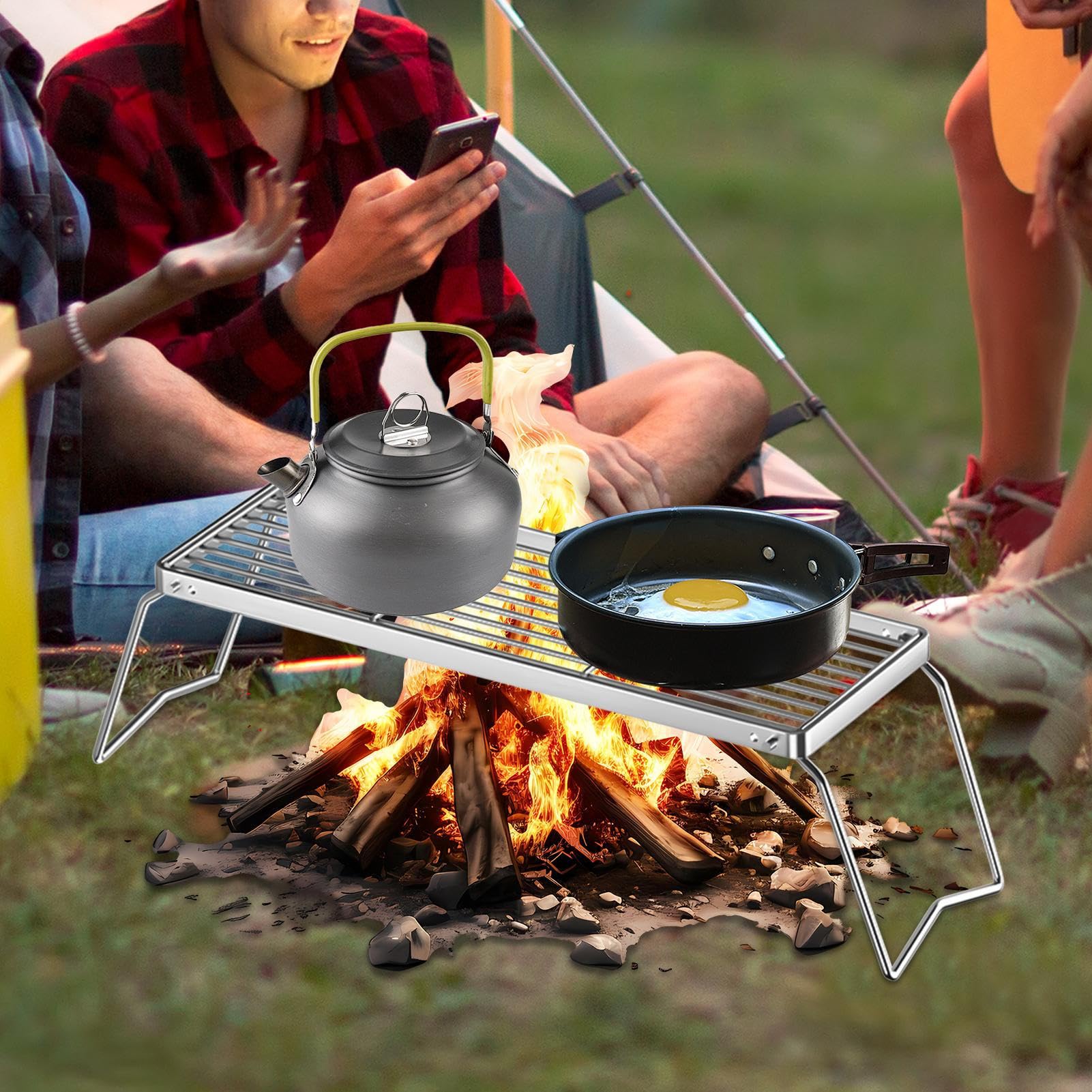 Grill à feu ouvert ， Grill à feu de camp pliable grill réglable en acier inoxydable, construction en acier solide, pliable peut l'utiliser de longue date/grand pour le camping