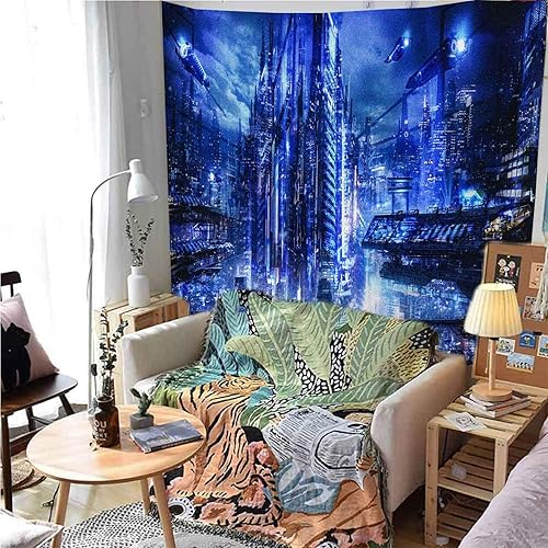 Miniatura 2 de Aidatain GTDWAT264 - Tapiz de ciudad punk con paisaje urbano azul neón, tapiz de pared de calle, grande, 90 pulgadas de largo x 84 pulgadas de