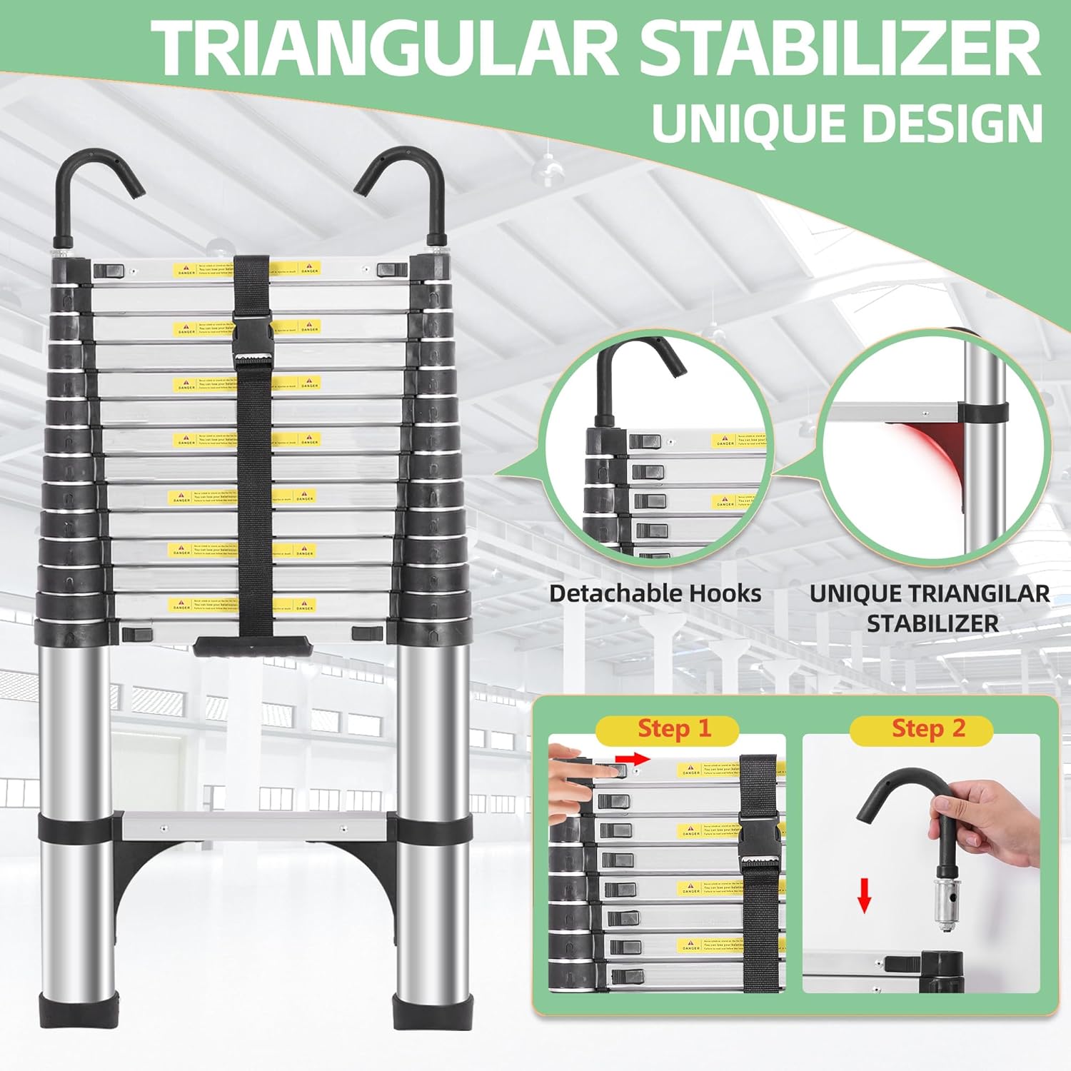 Telescoping Ladders 15.5 FT Aluminum Ladder - One-Button Retraction Collapsible Extension Ladder for Home,RV,Attic & Loft, Lasts 330 LBS with 2 Triangle Stabilizers and 2 Detachable Hooks