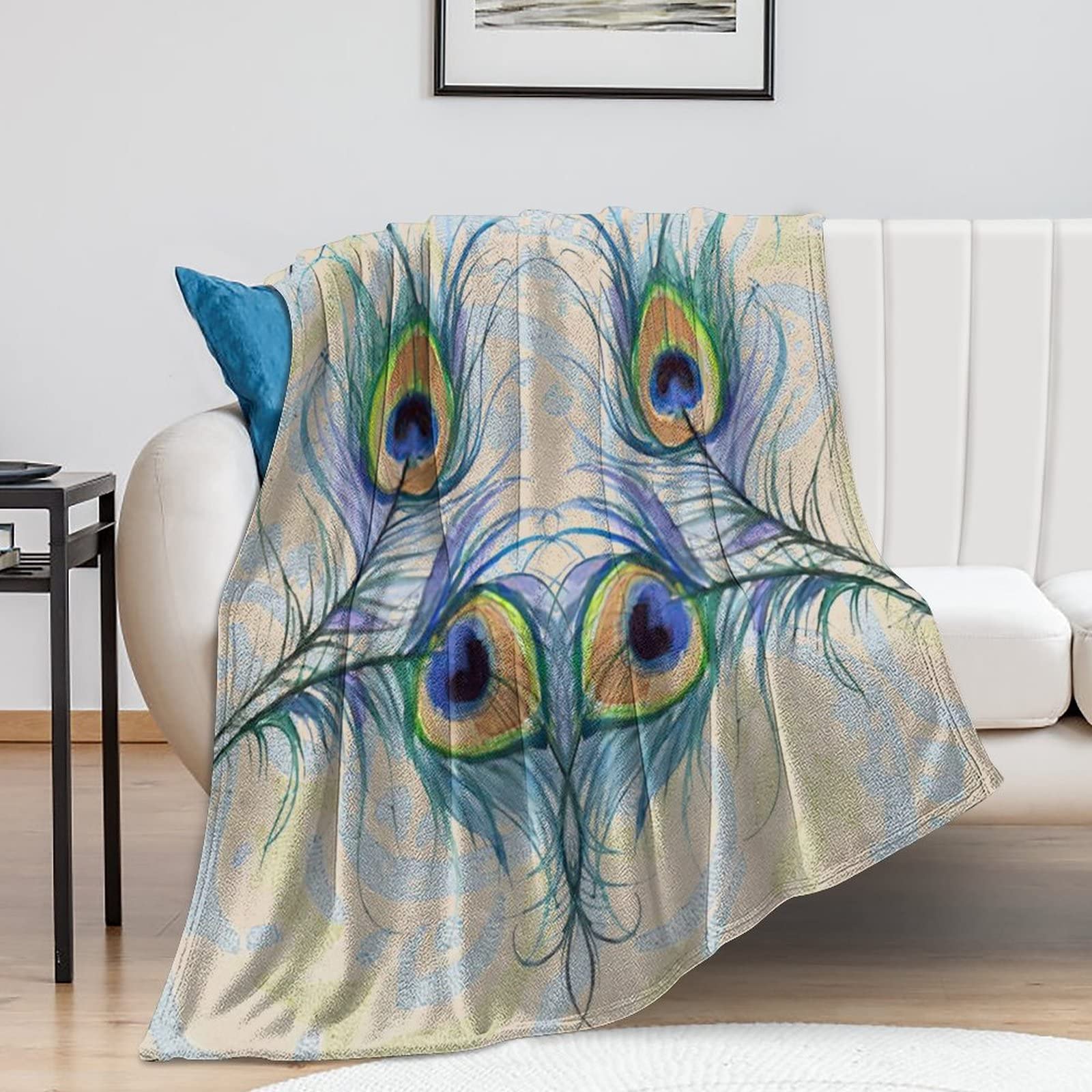 Couverture de voyage paon plumes vertes pour canapé et lit 101x127