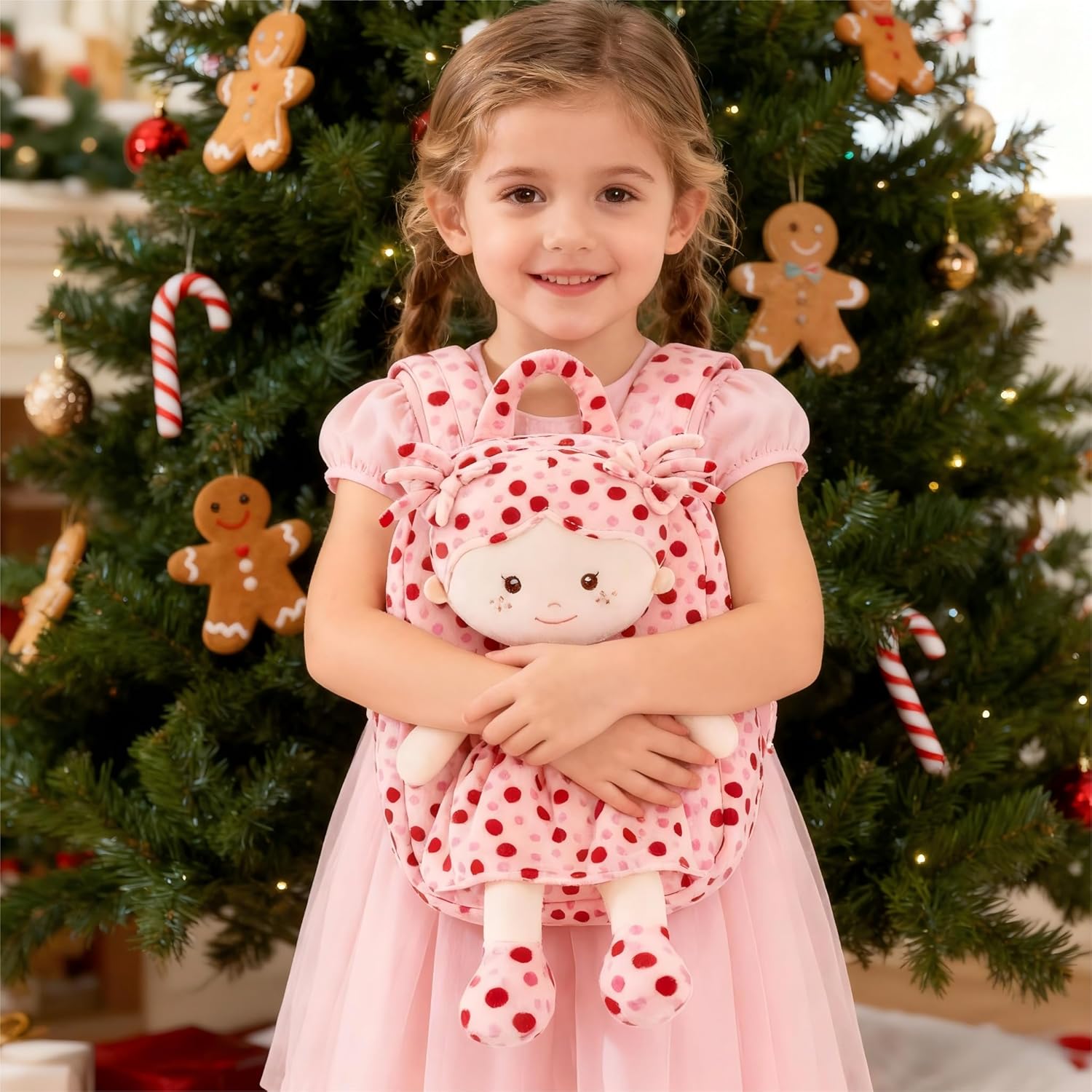 Onetoo Toddler Backpack Back to School Gifts for Girls Plush Backpack Kids Backpacks with Soft Light Baby Dolls in Red Polka Dots Dress 9" - Image 5