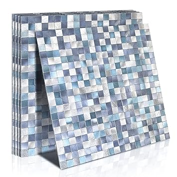 Backsplash Peel and Stick Tile,Aluminum Composite Stick on Kitchen Wall Decor Sticker Panel Waterproof Fireproof Oil-Proof(Metal Blue,5-Sheets)