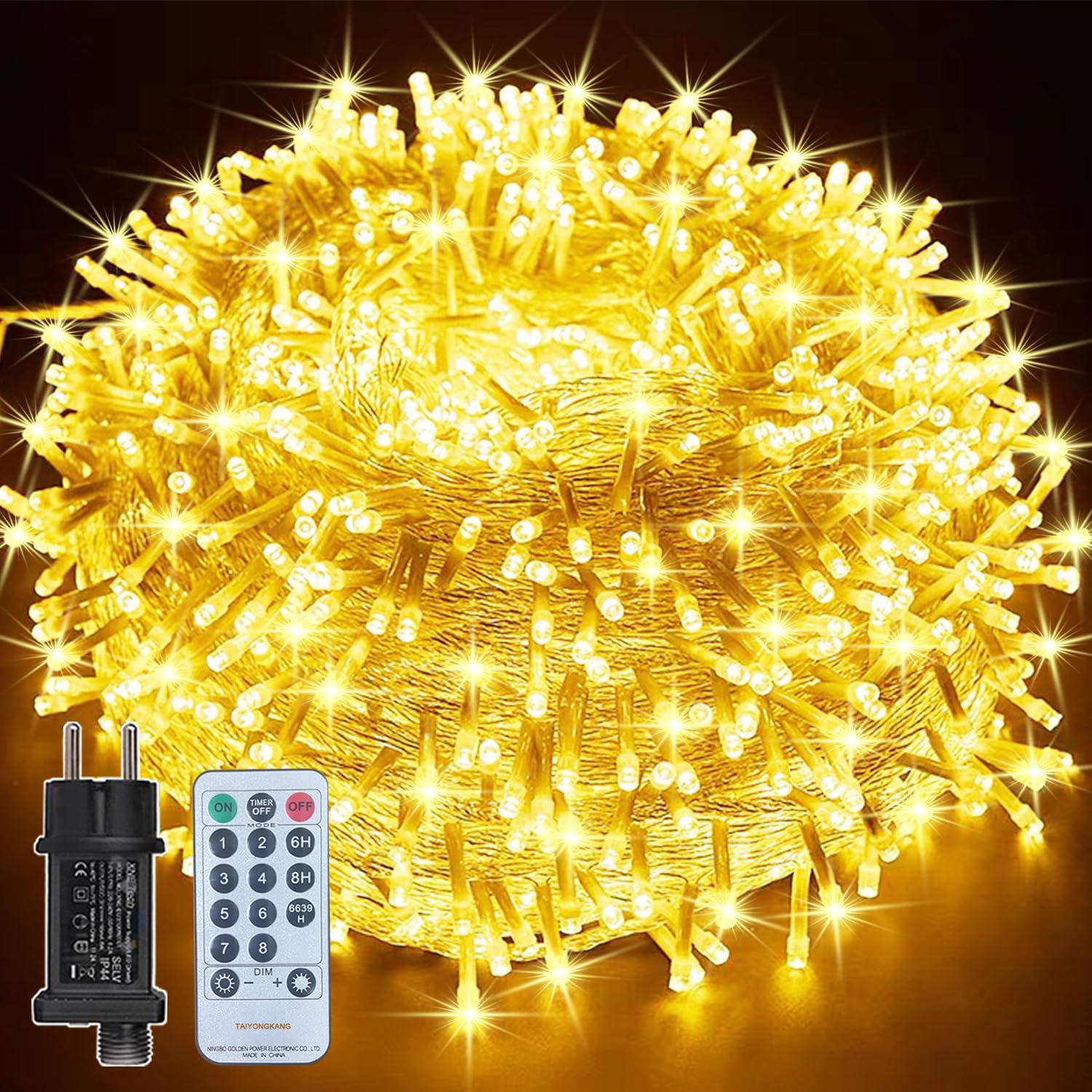 Cadena de luces LED de 25 m para exterior/interior, 200 ledes de color blanco cálido, 8 modos con enchufe, temporizador con mando a distancia, para Navidad, jardín, balcón, salón, decoración, cadena