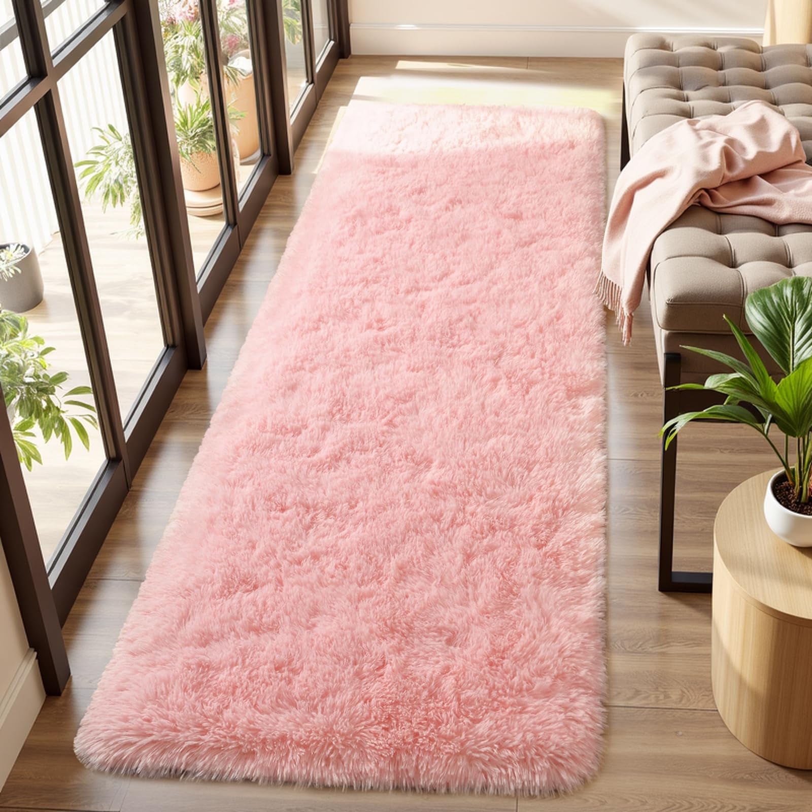 Alfombra de pasillo rosa claro para habitación de niñas, 2 x 6 pies, lavable, para recámara, sala de estar, cocina, lavandería, alfombra larga con parte trasera de goma antideslizante - 2' x 6' (Rectangular) - Rosado