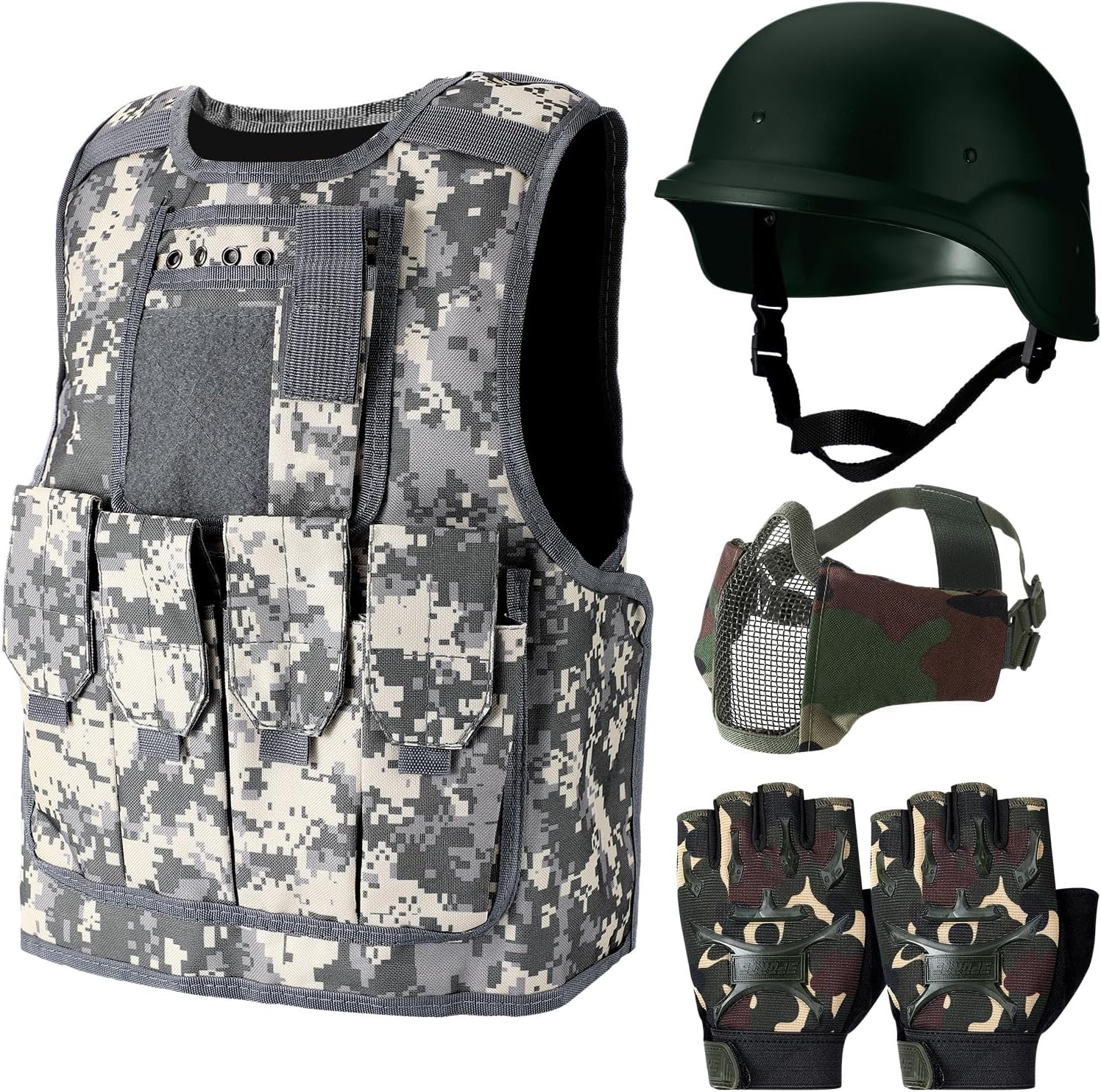 Cuffbow 4 Packs Tactical Vest Helmet Gloves Mask Set Paintball Vest Paintball Airsoft Fast Helmet Mask Gloves Camouflage Green