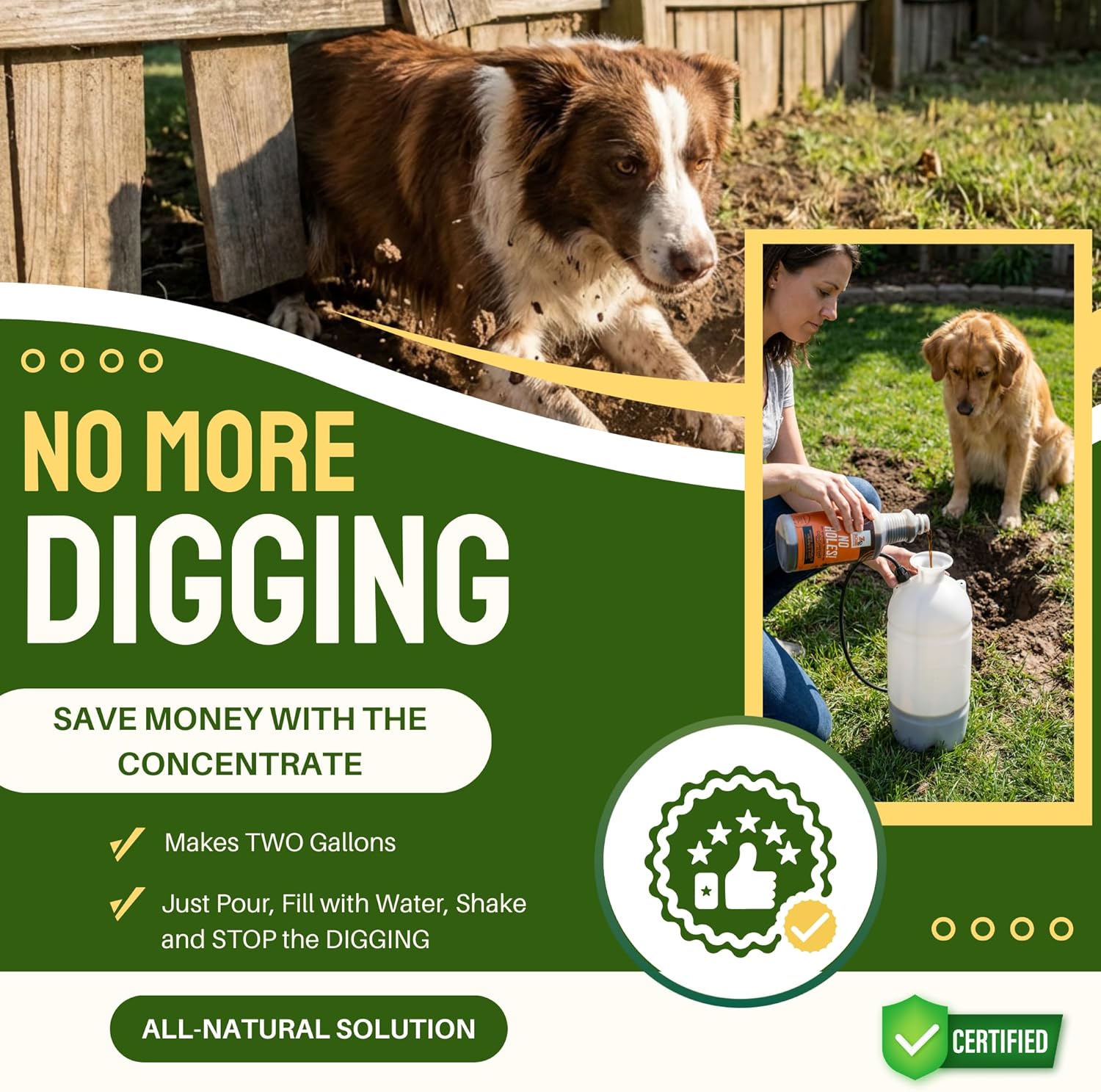 Zone No Holes Digging Dog Prevention – 1 Gallon with Trigger Sprayer + 32oz Concentrate Bundle, Best Training Aid, Stops Dogs from Digging Holes, Concentrate Makes 2 More Gallons