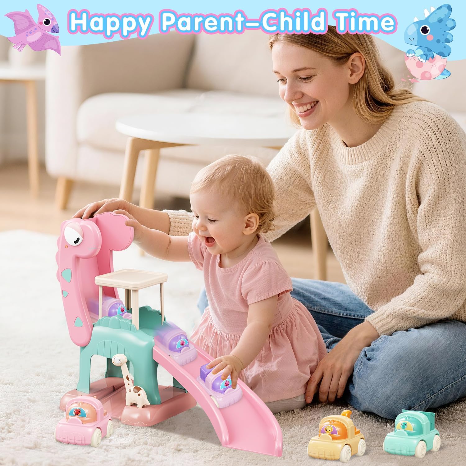 Toddler Toys for 1 2 Year Old Boys Educational Dinosaur Slide Toys with 4 Push Car Toys for Baby 12-18 Months,First Birthday Easter Gifts for Kids,Montessori Learning Race Car Track Ages 1-2 (Pink)