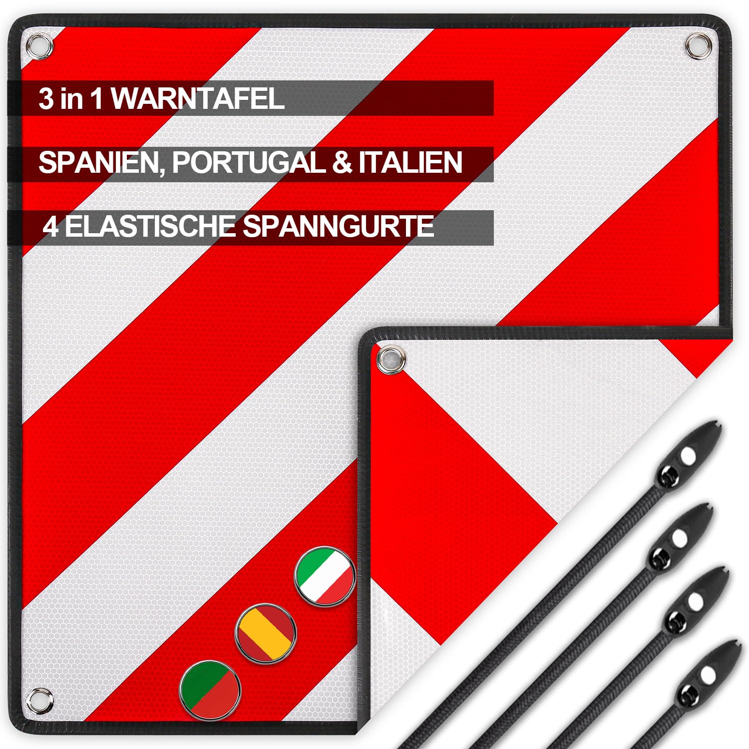 Warntafel für Italien Spanien und Portugal Fahrradträger, 3 In 1 Alu Rot Weiß Reflektierend Warnschild, für Wohnmobil, Fahrradträger, Wohnwagen mit 4X Spannseile 50x50CM