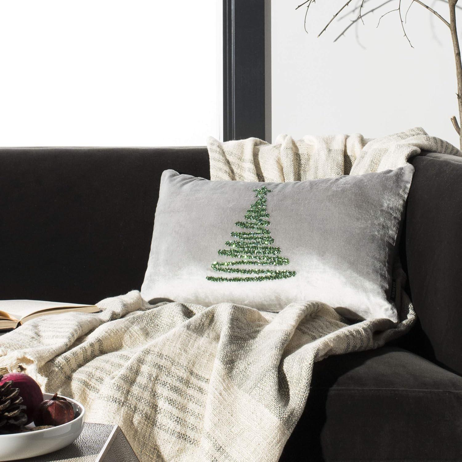 SAFAVIEH Enchanted Evergreen Throw Pillow, 12"x22", Beige/Gold