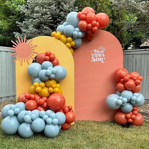 Miniatura 6 de Here Comes the Son - Kit de Guirnalda de Arco de Globos 147 Piezas Globos Boho Retro Azul Polvoriento Naranja Quemado Amarillo Mostaza para Baby