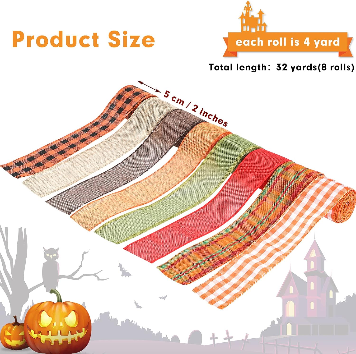 8 Rolls 32 Yards Fall Theme Ribbon Thanksgiving Wired Edge Ribbon Wrapping Ribbon Roll Autumn Decorative Ribbon for Autumn Harvest Thanksgiving Wreath Decoration (Buffalo Plaid Pattern)