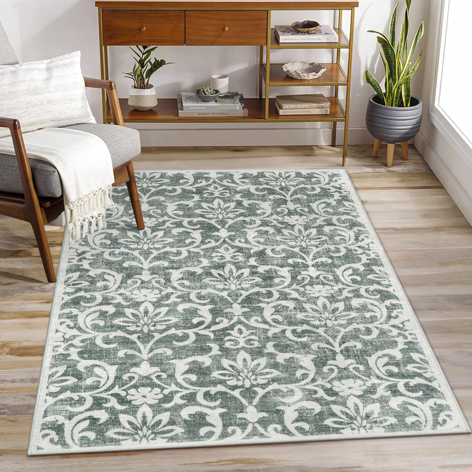 Morebes Vintage Gray Rug,3x5 Area Rug Washable Entryway Rugs Indoor Non Slip,Soft Floral Kitchen Rugs Bathroom Mat,Indoor Accent Floor Throw Carpet for Entrance Coffee Table RV