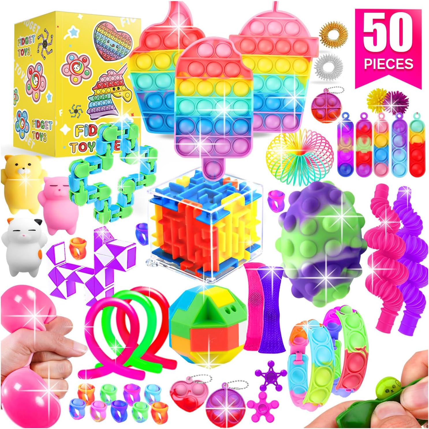 SUNNERLY Fidget Toys, 50 Pack Sensory Toy Set Bulk Stocking Stuffers Carnival Treasure Box Classroom Prizes Gifts Party Favors for Kids Adults Boys Girls, Stress Relief Anxiety Relief Autism Autistic