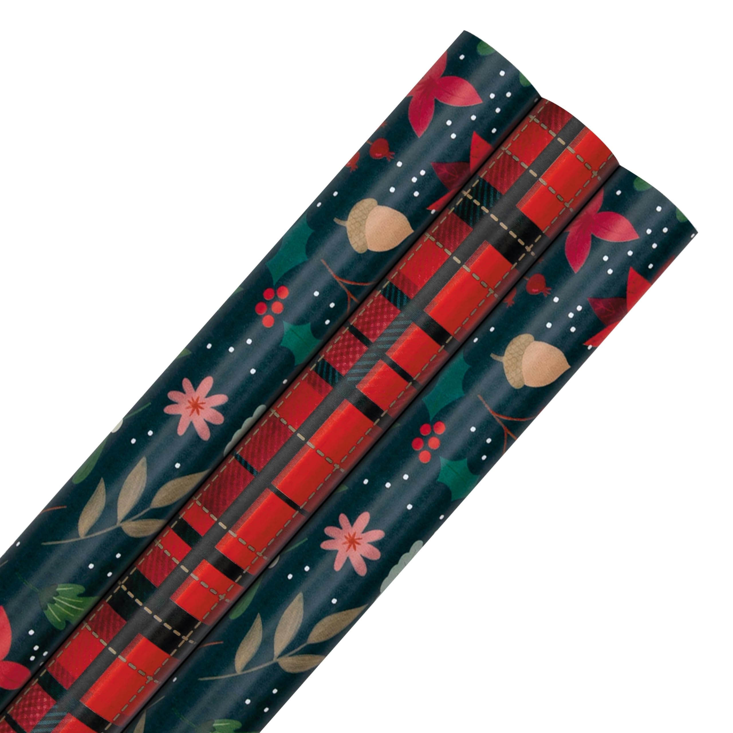 Hallmark Floral & Tartan Christmas Wrapping Paper Multipack - 3 x 3M Rolls (9m)