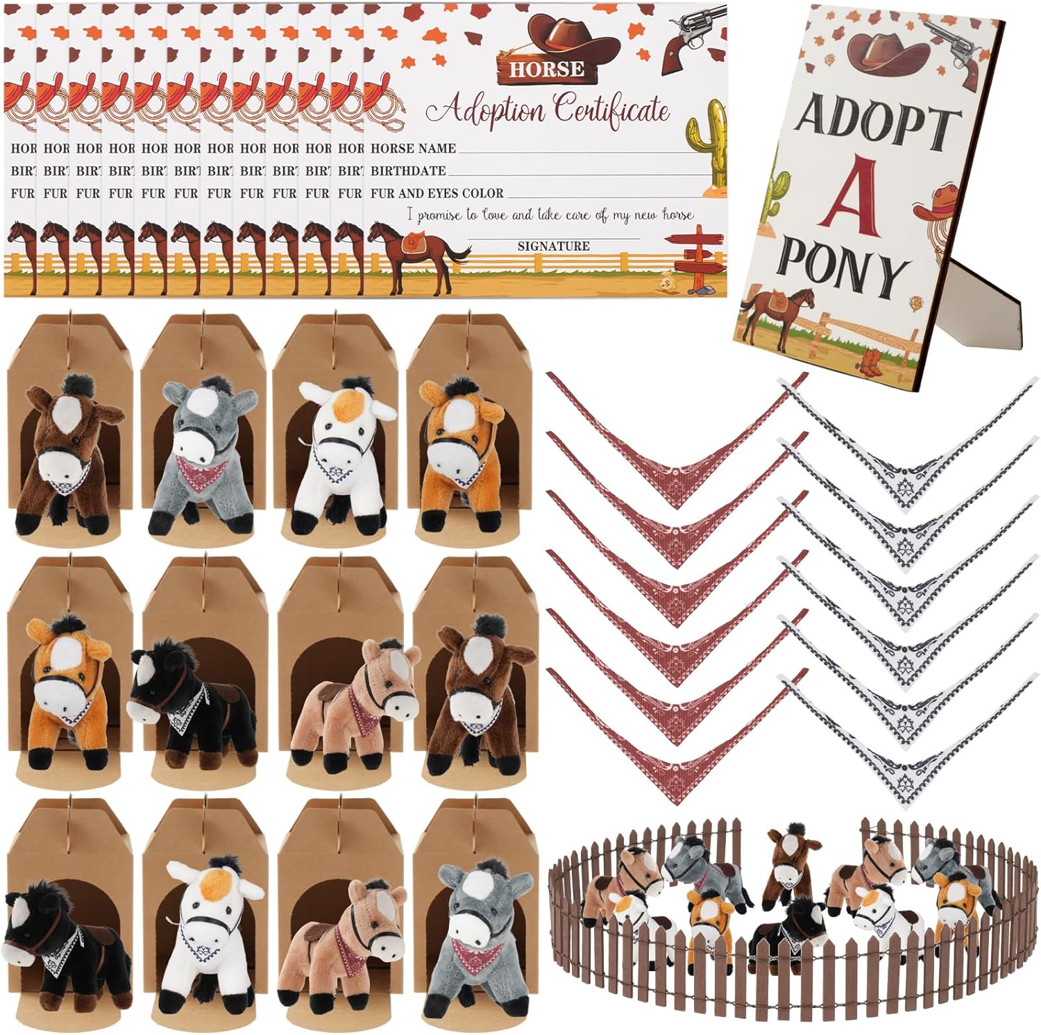 50 Pcs Adopt a Horse Party Supplies, Horse Adopt Party Favor, 12 Stuffed Horse Centerpiece 12 Foldable Boxes 12 Denim Scarf 12 Adopt Certificates Card 1 Adoption Sign for Horse Party Decoration Favor