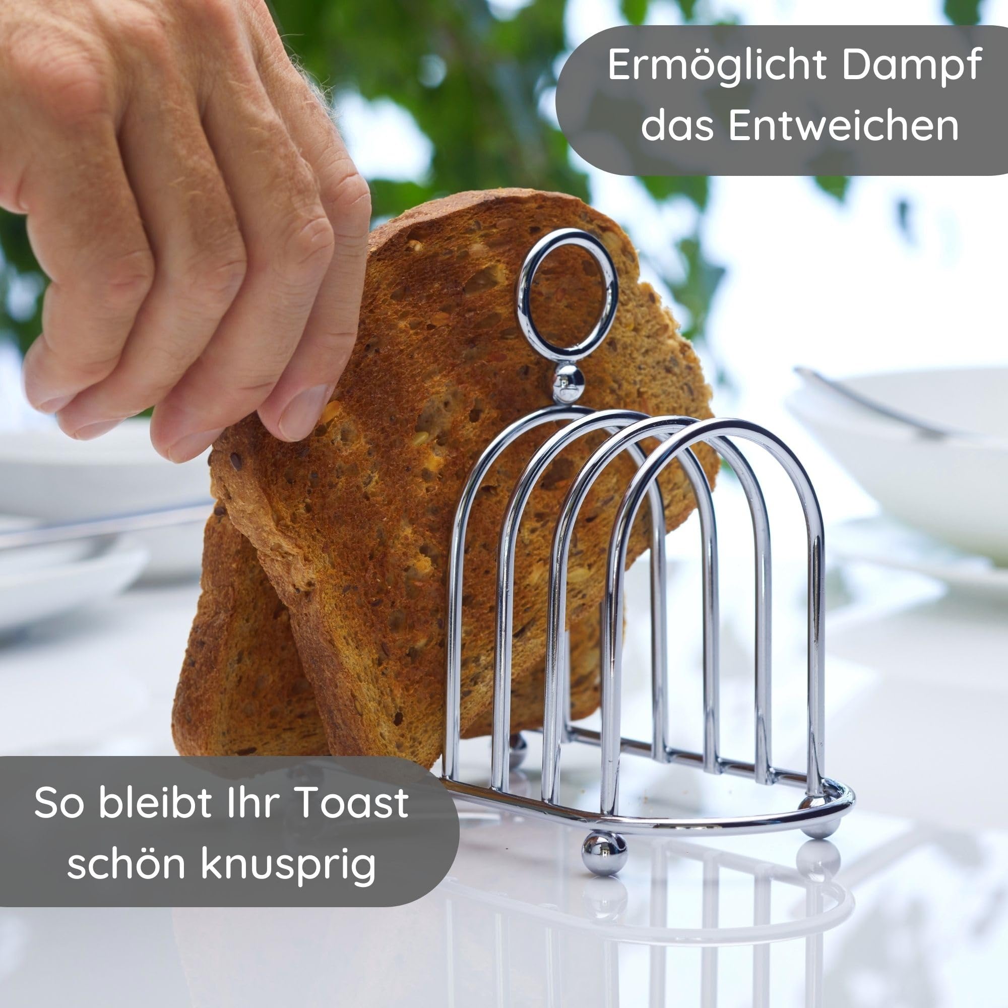 Viktorianischer Toastständer aus Chrom von Muldale – Vintage Edelstahl Toastständer mit Kugelfüßen für 6 Scheiben – Inklusive Tragegriff und Toasthalter – Robust und gehärtet | Kugelfüße – Ständer mit Tragegriff – stabil und gehärtet – 1,4 cm breiter Spal