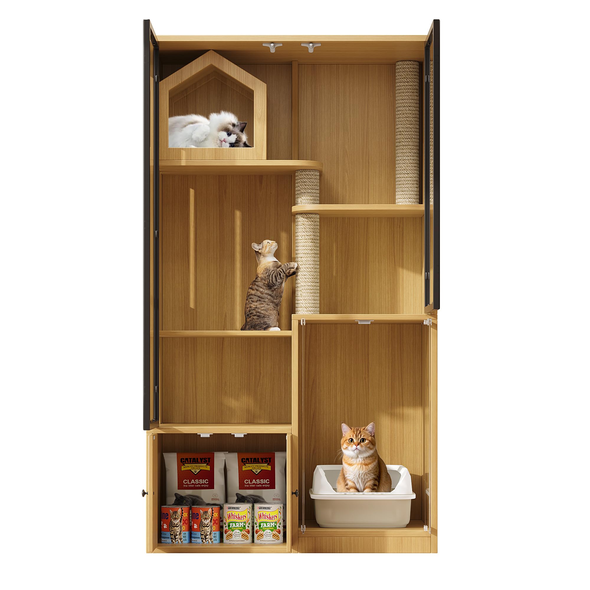 Grande casa per gatti in vetro a 4 piani - Villa per gatti in legno con tiragraffi, resistente alle intemperie e all'inverno - Per interni ed esterni - Colore legno di acero giallo - 90