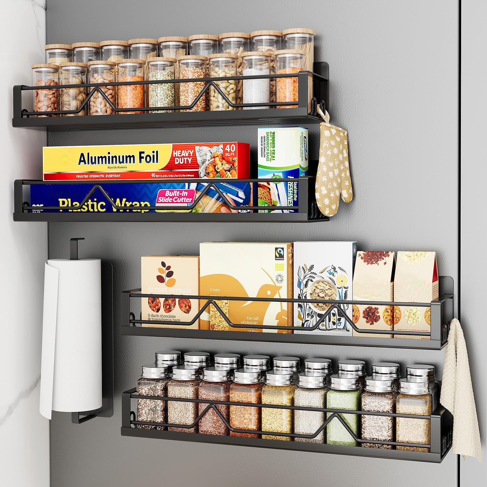 16.9 Inch Large Capacity Magnetic Spice Rack for Refrigerator Black, 5 Pack