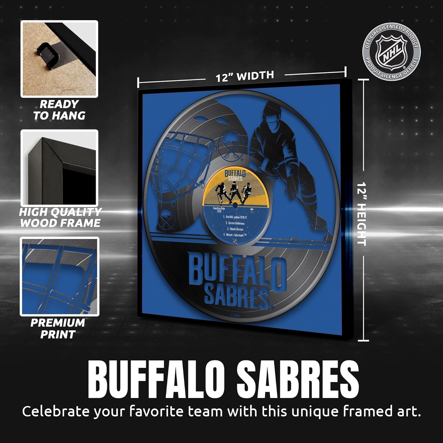 Sporticulture NHL Buffalo Sabres Wall Art Framed Vinyl Record Decor Print - 13X13 Ready-to-Hang Posters For Boys Bedroom & Decorations for Man Cave