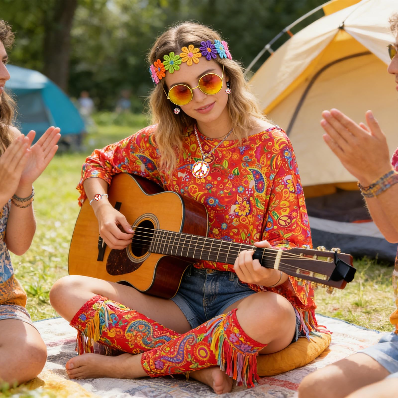Hippie Kostüm Damen Set, Faschingskostüme Damen, 70er Jahre Outfit Damen mit Hippie Umhang, Bunter Umhängetasche, Sonnenbrille, 60er 70er Jahre Disko Kostüm Kleidung für Karneval Party