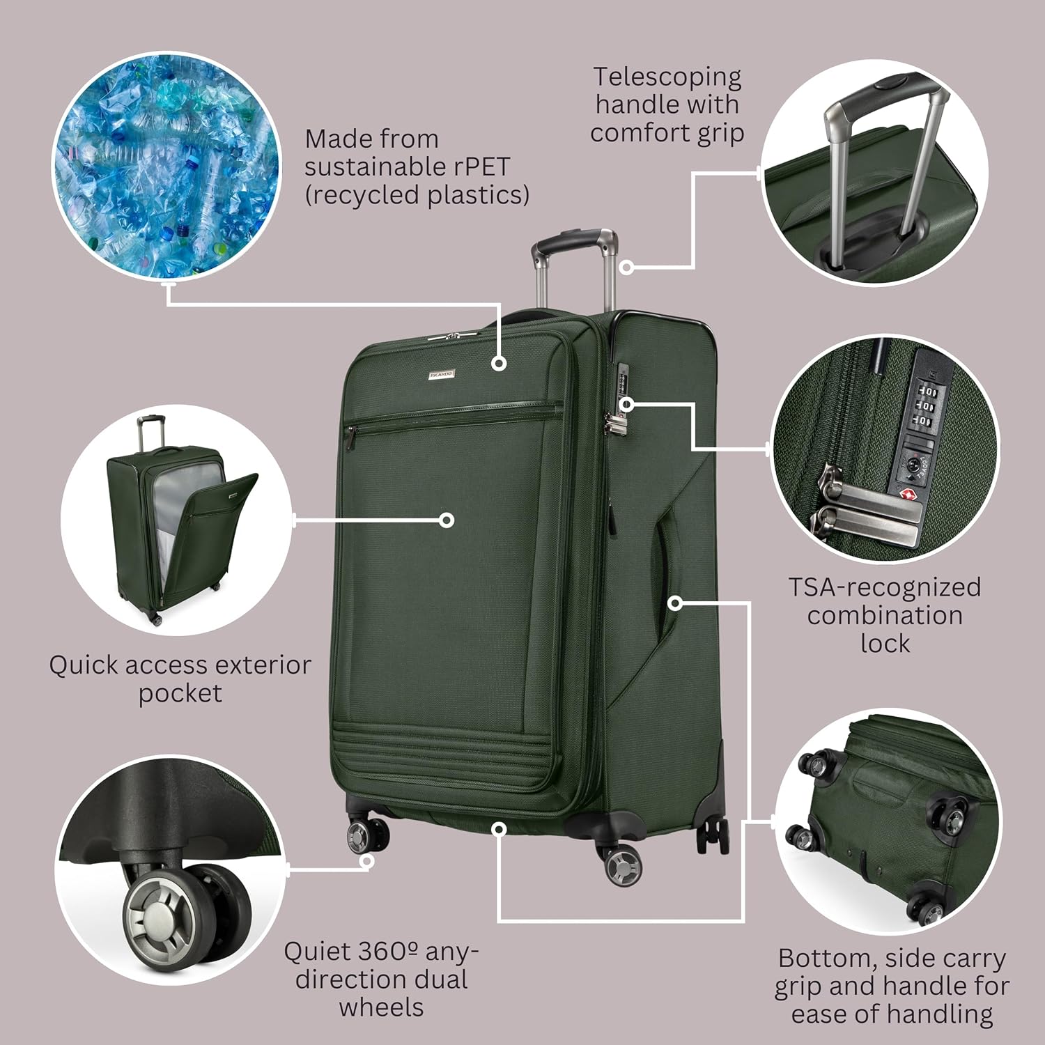 Ricardo Beverly Hills Avalon Softside Medium Check-In Luggage Made with Sustainable 100% Recycled PET (rPET), Lightweight, Eco-Friendly Travel, Expandable, Dual Spinner Wheels, Juniper Green, 24-inch