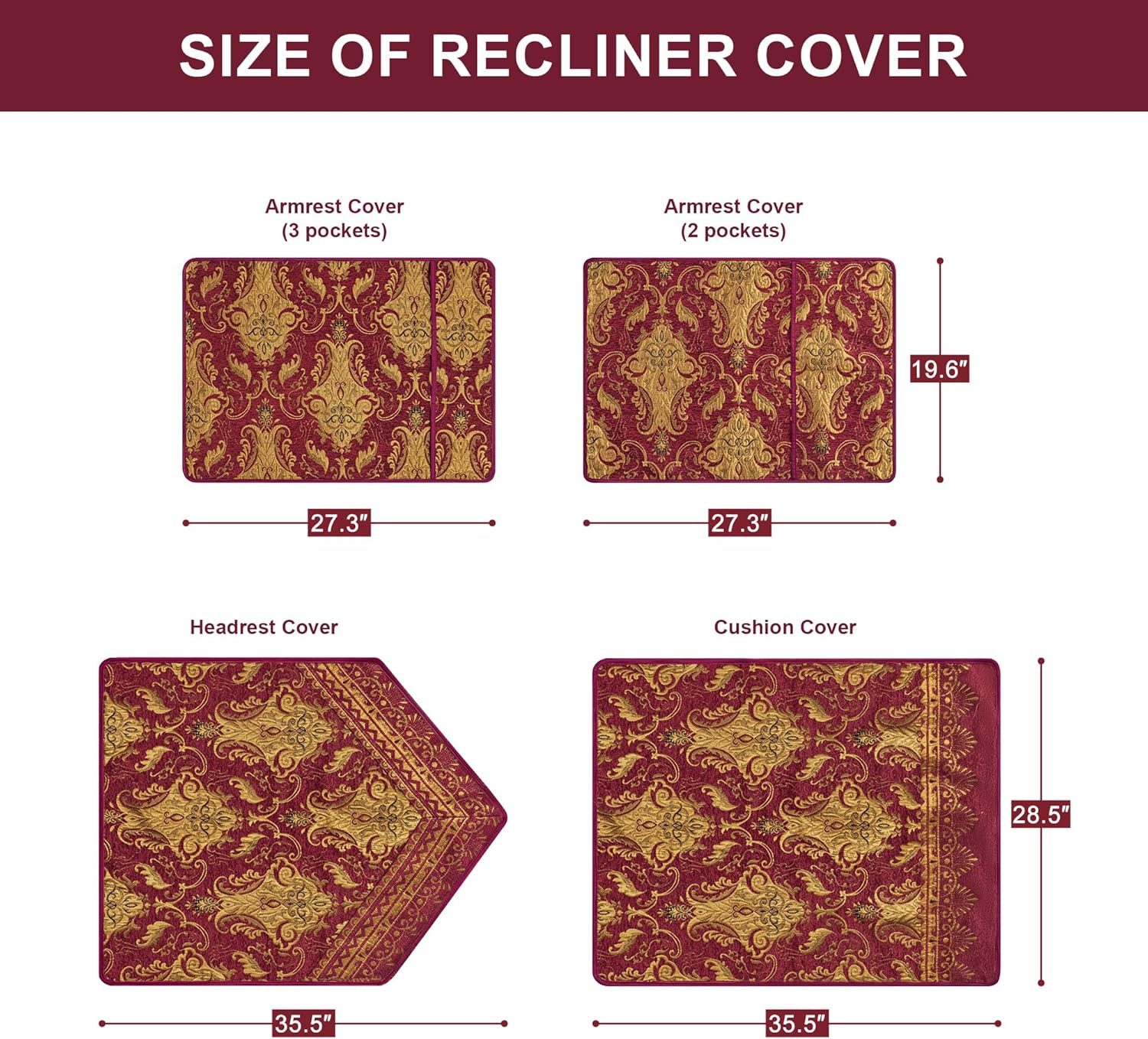 Loom and Mill Luxury Recliner Chair Covers 4 Pieces for Christmas Decor, Classic Jacquard Recliner Sofa Slipcovers with Side Pocket, Non Slip Recliner Cover Furniture Protector for Dogs Pets(Red)