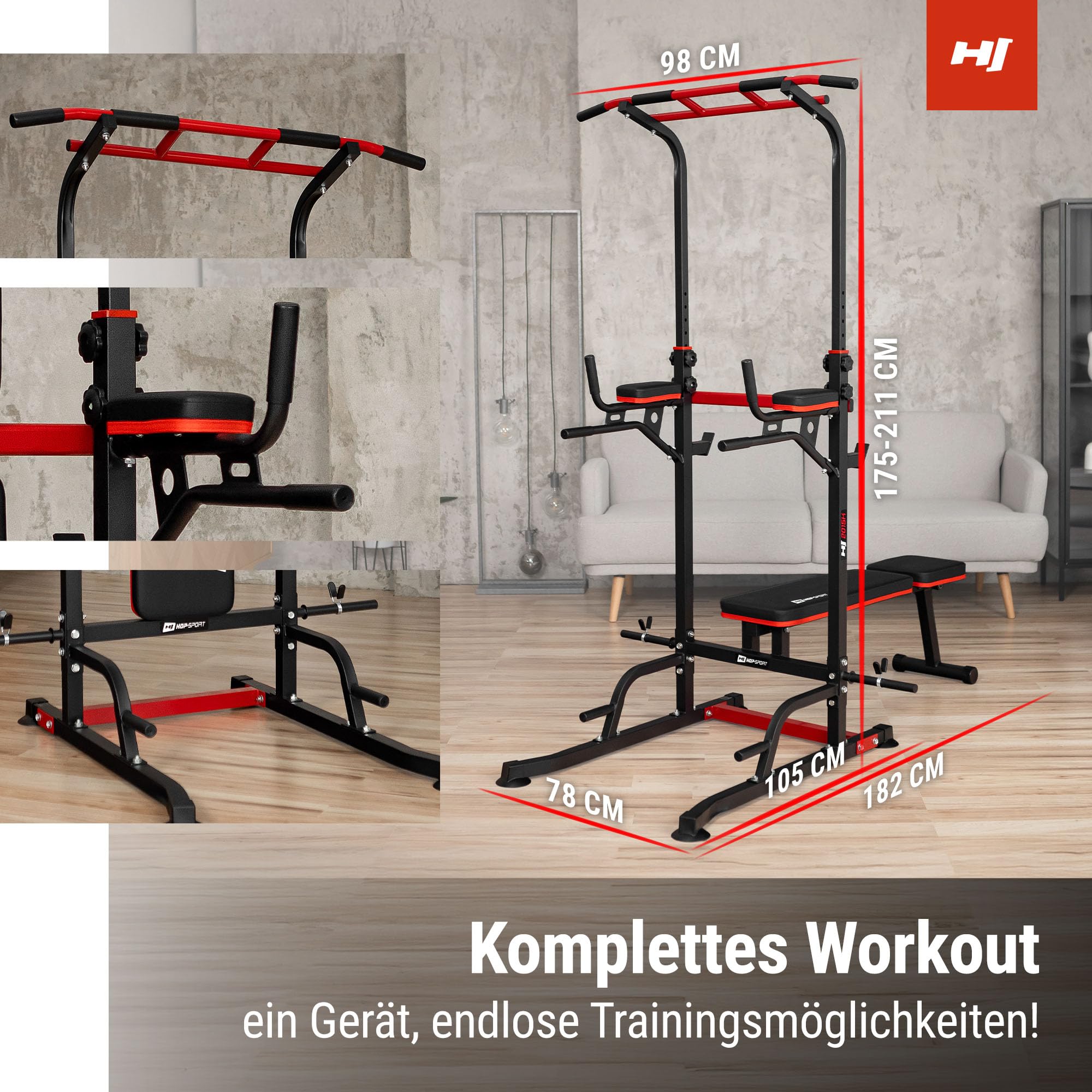 Hop-Sport Power Tower mit Klimmzugstange, Hantelbank & Dip-Station, Fitnessgerät für Zuhause, Calisthenics und Krafttraining, Freistehend, 150 kg Max. Belastbarkeit