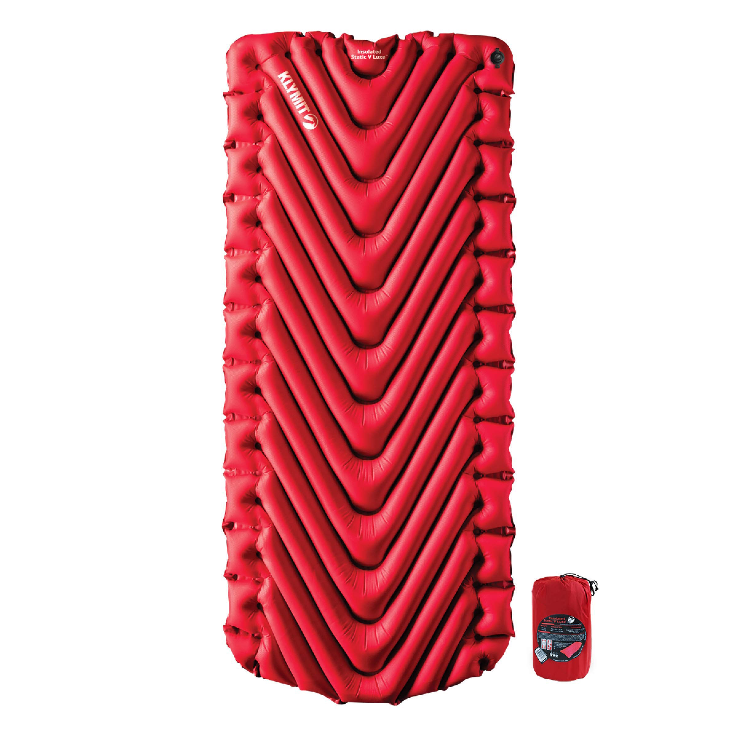 Klymit Insulated Static V Luxe Inflatable Sleeping Pad for Camping, Lightweight Hiking and Backpacking Air Bed For Cold Weather,Red