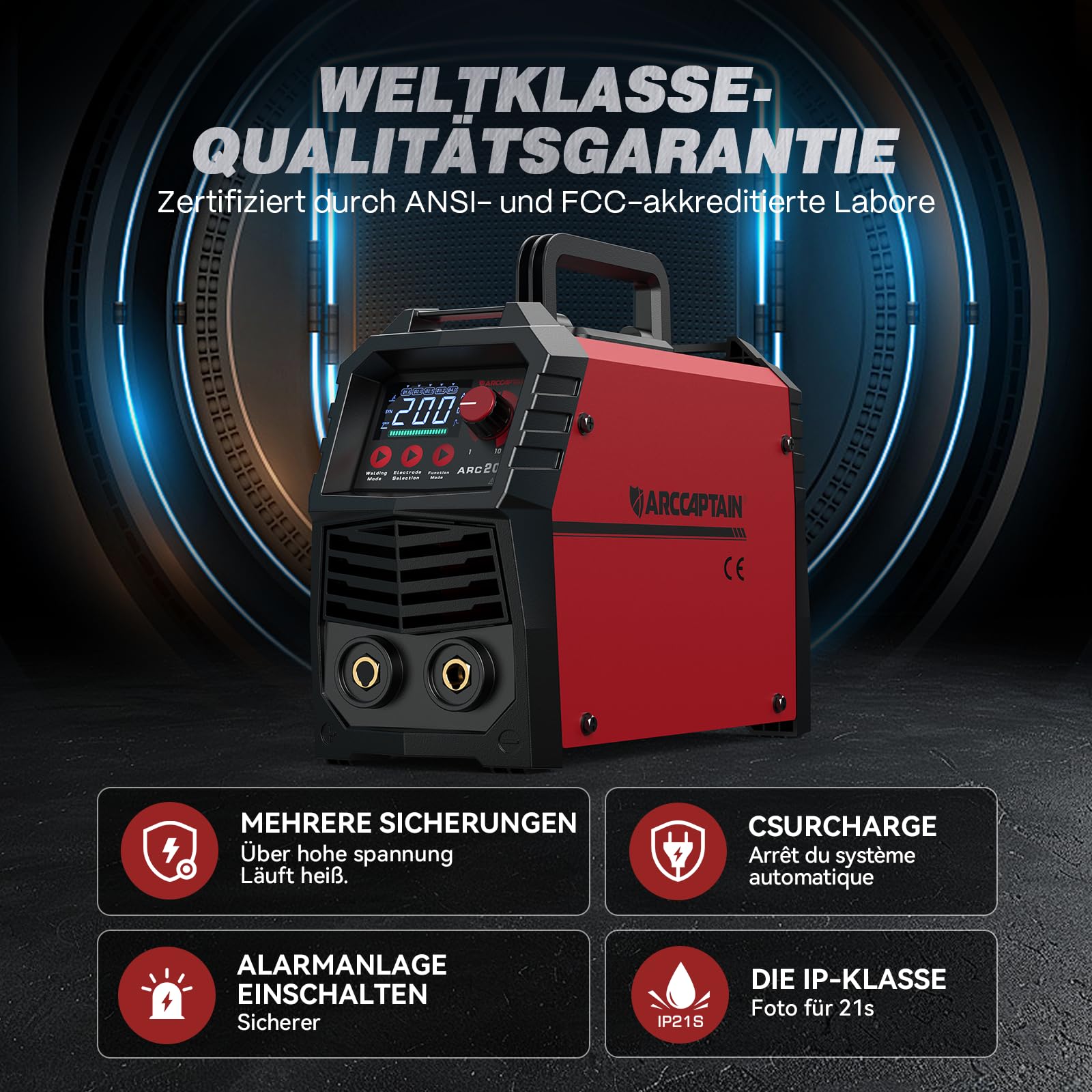 ARCCAPTAIN Schweißgerät ARC 200A mit LED-Anzeige SYN Steuerung, Elektroden Schweißgerät Stützen mit Lift TIG, Inverter Schweißgerät MMA IGBT, Tragbar und kompakt, Anti-Stick, Überhitzungsschutz