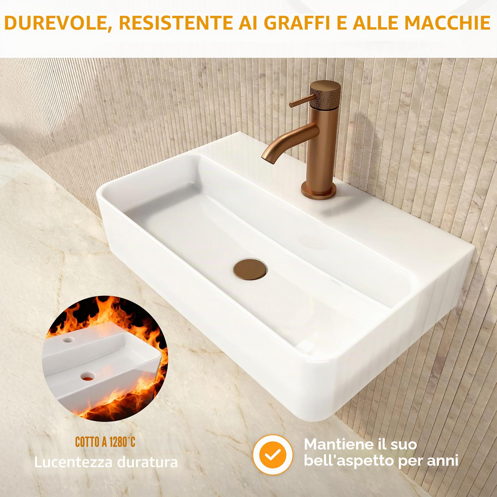 HOGART Lavabo Bagno Piccolo in Ceramica Bianco 45x28,5 cm – Lavandino Compatto Salvaspazio Rettangolare, Lavabo Sospeso o da Appoggio, Foro Rubinetto Senza Troppopieno, per WC Ospiti e Bagni Moderni