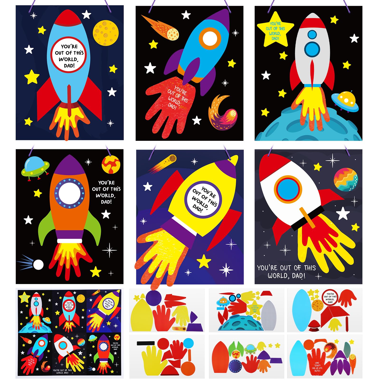 Beeveer 30 Sets Father's Day Crafts for Kids, DIY Father's Day Handprint Rocket Sign Craft Kit Out of This World Dad Hanging Craft Gift for Kids Father's Day Party Favor Home Classroom Fun Activities