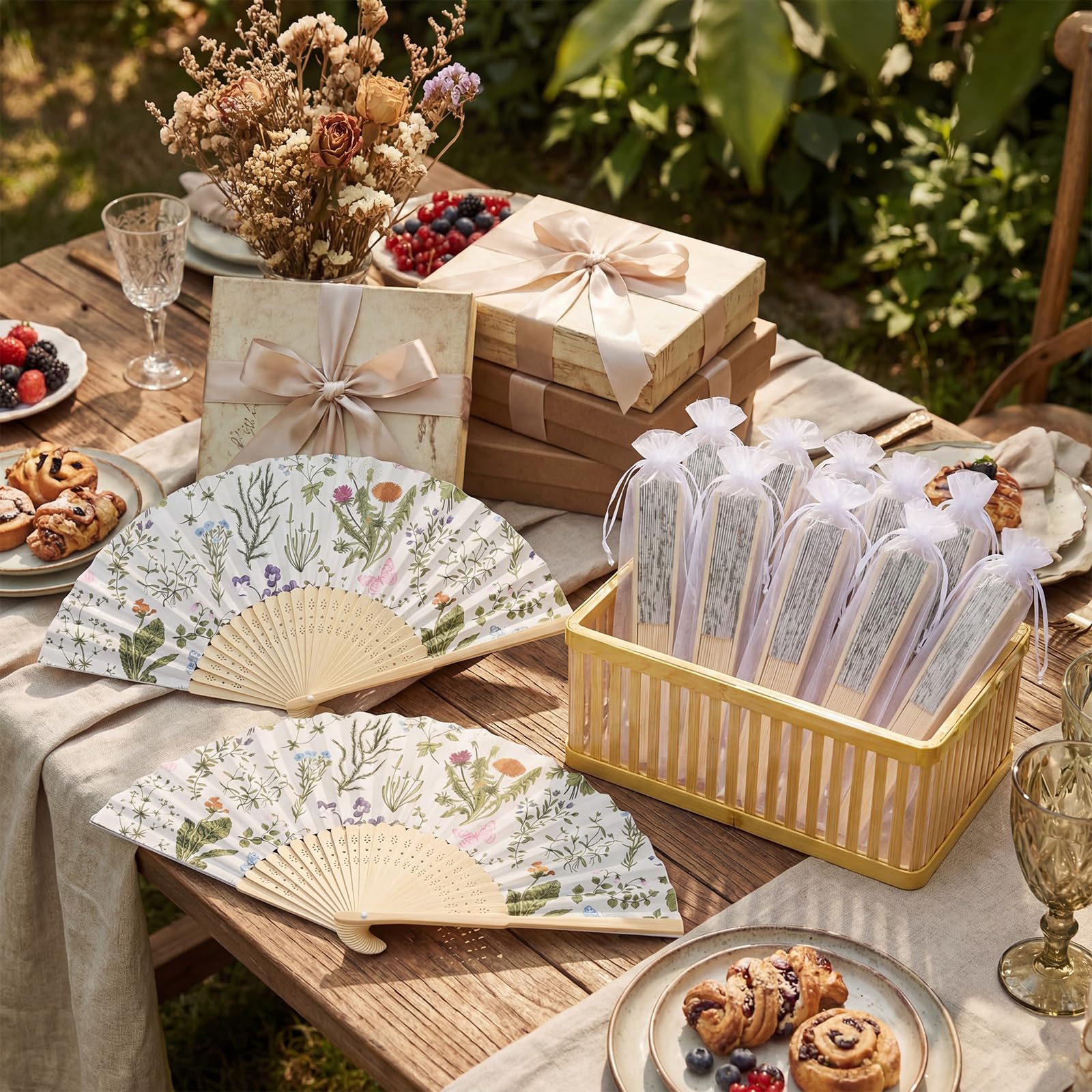 Faltbarer Handfächer mit Organza-Beuteln, Motiv: Wildblumen, Teeparty, Gastgeschenke für Gäste, faltbar, Vintage-Blume, Papierfächer für Hochzeit, Brautparty, Partyzubehör, 25 Stück