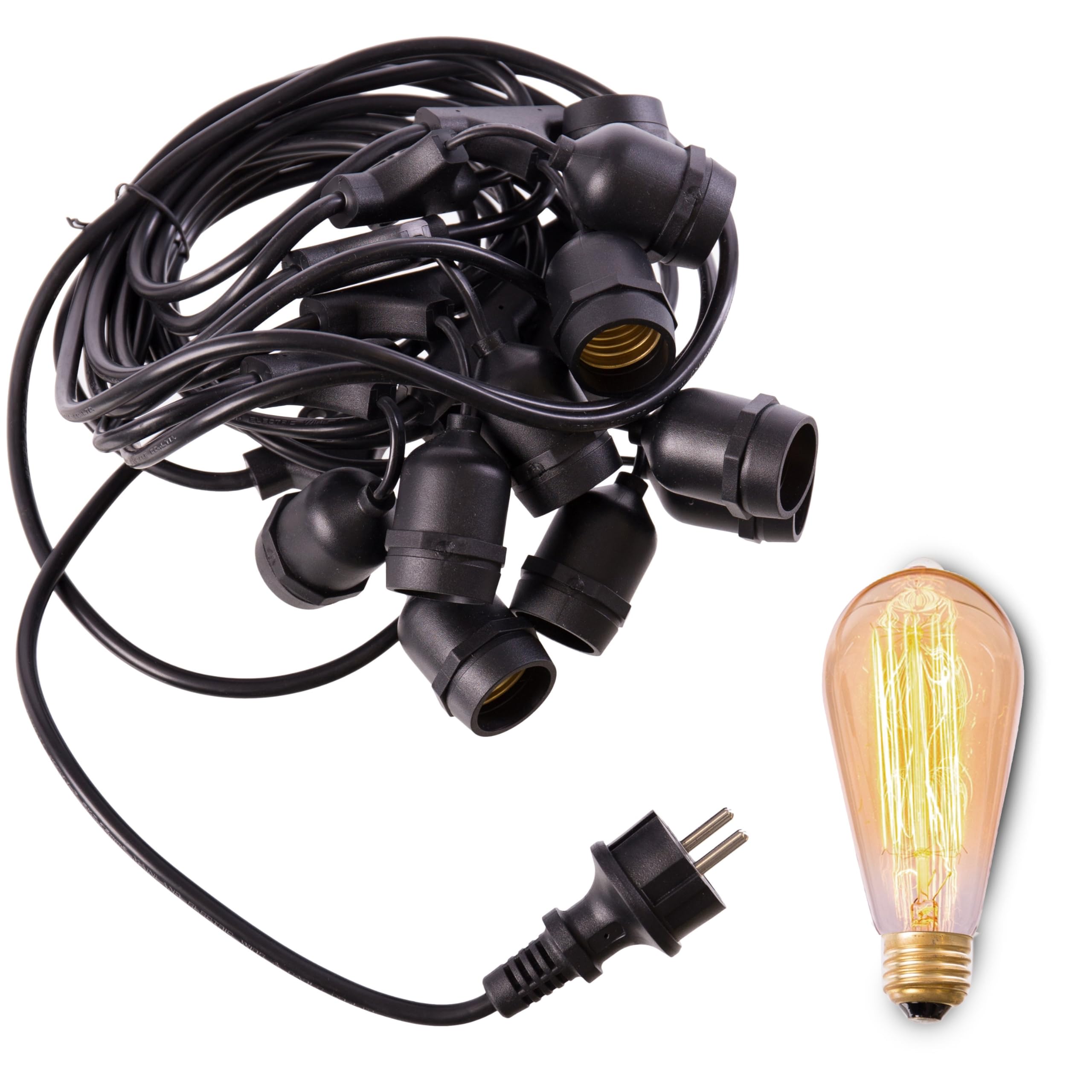 LOLAhome Guirnalda Luces Industrial Exterior 7 Metros y 10 Bombillas 40W | 2. 200K, 1. 800Lm. IP 44. Casquillos E 27 con pantallas de metal bronce. Ampliable extensible. Modelo Chateau