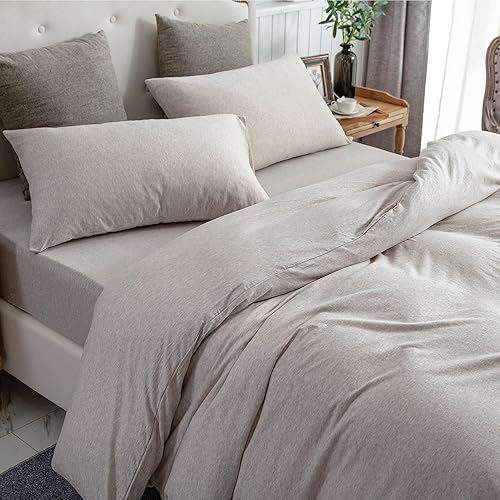 Miniatura 9 de PURE ERA Juego de funda de edredón de punto jersey, 100% algodón, súper suave, cómodo, juego de cama de 3 piezas con cierre de cremallera (beige