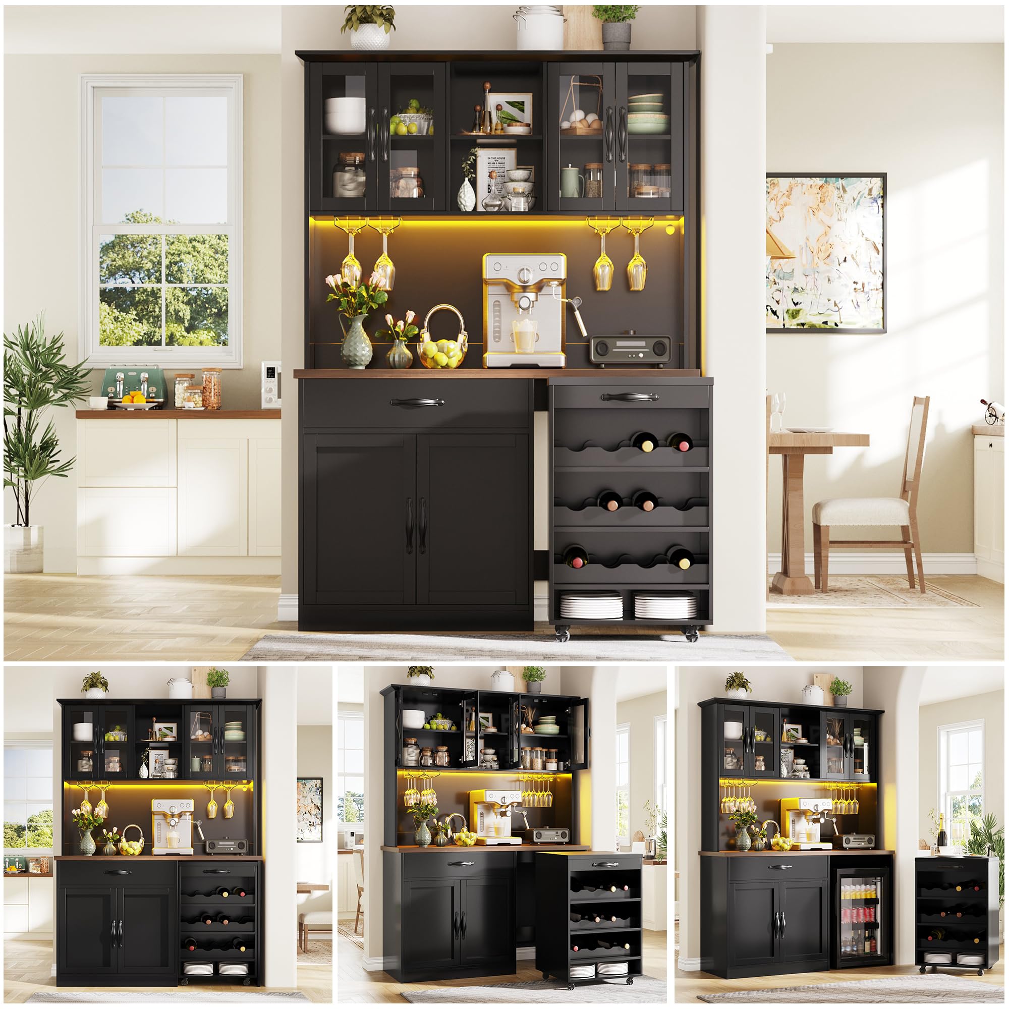DHHU Meuble de Cuisine avec éclairage LED, Buffet Haut avec Chariot Amovible, 4 Portes en Verre avec Plan de Travail, Rangement Vin, 2 Tiroirs, Armoire de Rangement Haute pour Cuisine (Noir-4S)
