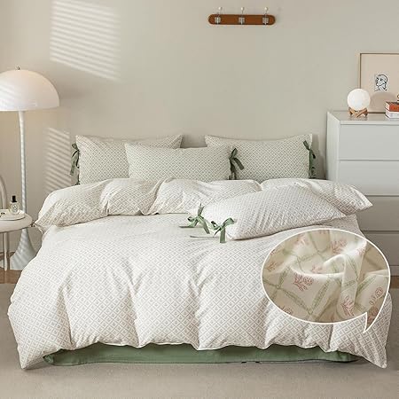 VM VOUGEMARKET King Duvet Cover with Green Plaid,Vintage Red Flower Duvet Cover King Size Girls Garden Style Bedding Set with Zipper Closure & 2 Pillow Cases