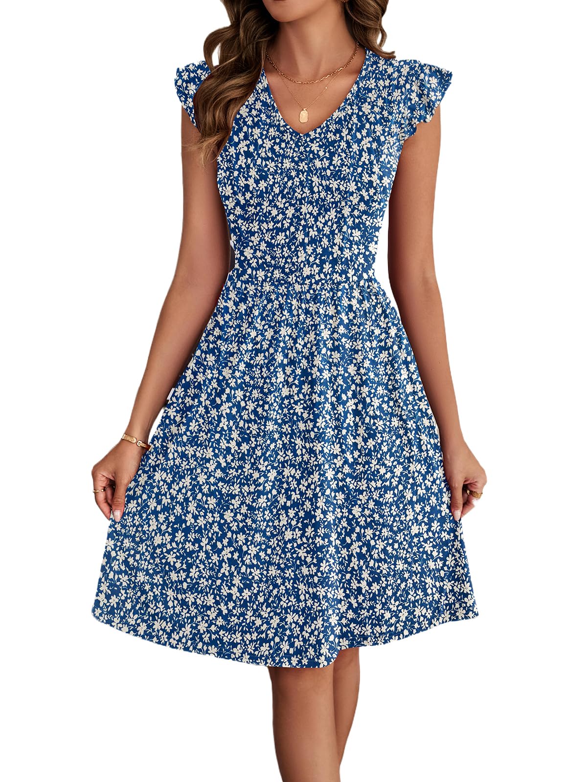 HELYO Women's Summer Dresses Cute V Neck Ruffle Sleeve Cocktail Short Work Casual Dress with Pockets 648